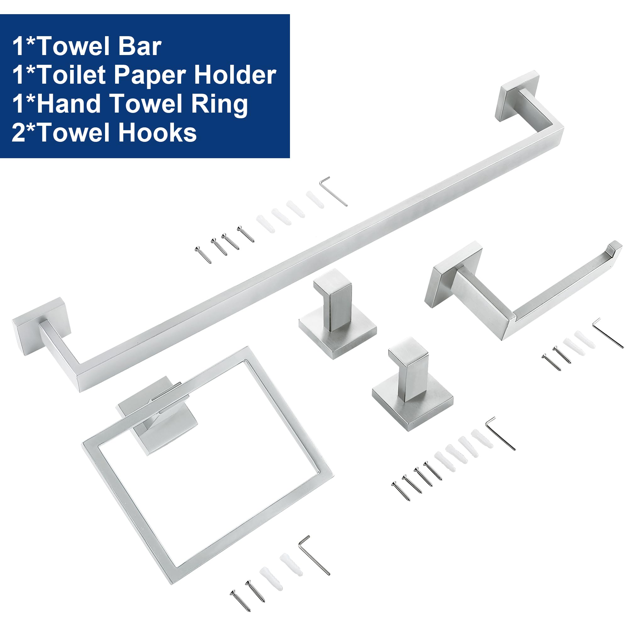 5-Piece Brushed Nickel Bathroom Hardware Set - SUS304 Stainless Steel Towel Rack & Square Towel Bar - Heavy Duty Wall Mounted for Bathroom, Shower, and Spa Decor