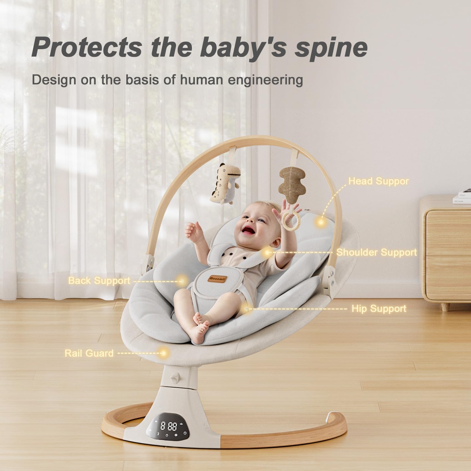 Monamii Bluetooth Baby Swing with Music Speaker - 5 Speed Adjustable, Remote Control, Portable Infant Swing for Indoor & Outdoor Use - Perfect for Newborns & Toddlers (Beige) - Ideal for Nursery, Travel & Playtime