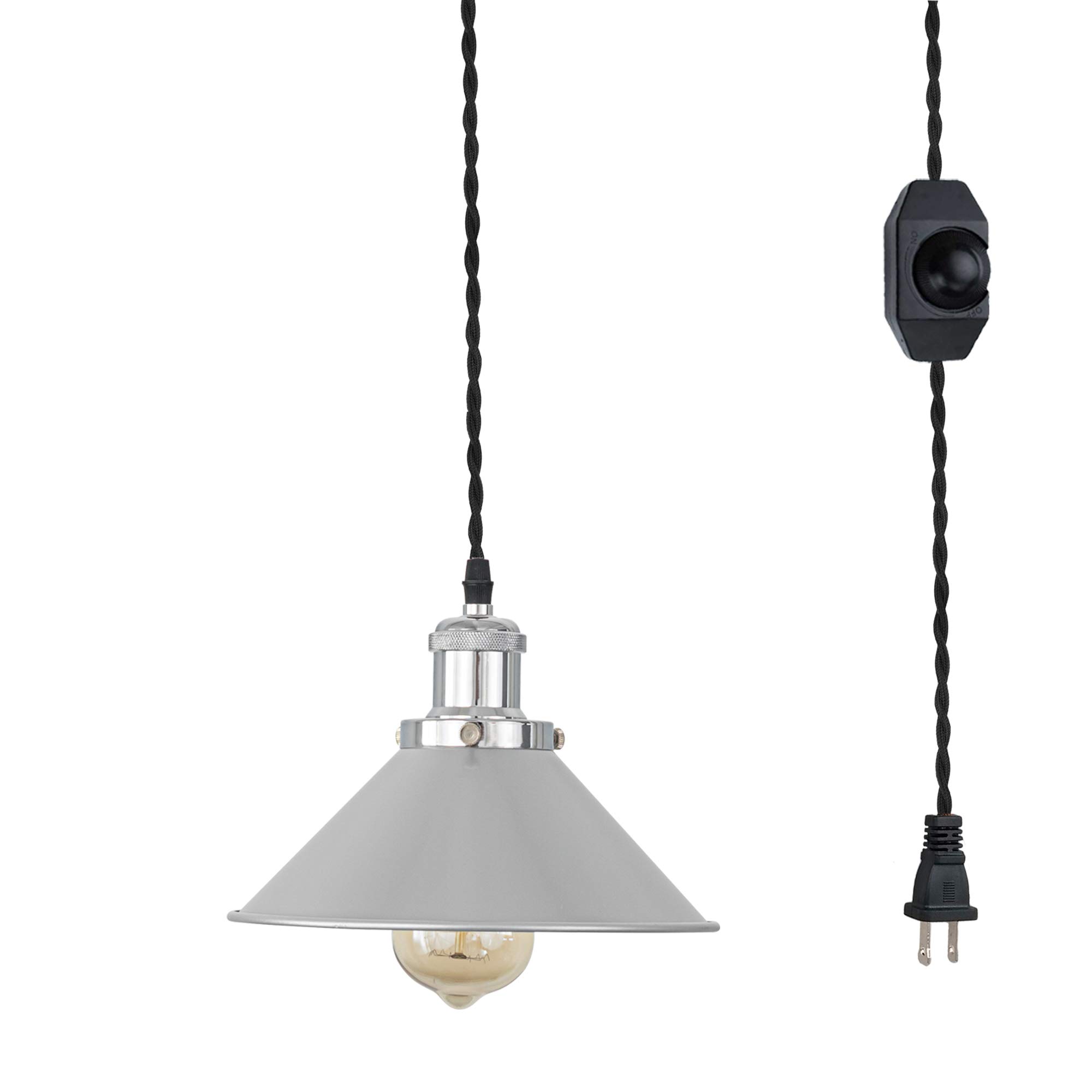Vintage Industrial Plug-in Pendant Light - Dimmable Swag Hanging Light with 15ft Chrome Cord & E26 Socket - Retro Style Mini Chandelier for Kitchen Island, Bedroom, Dining Room & DIY Home Decor Projects