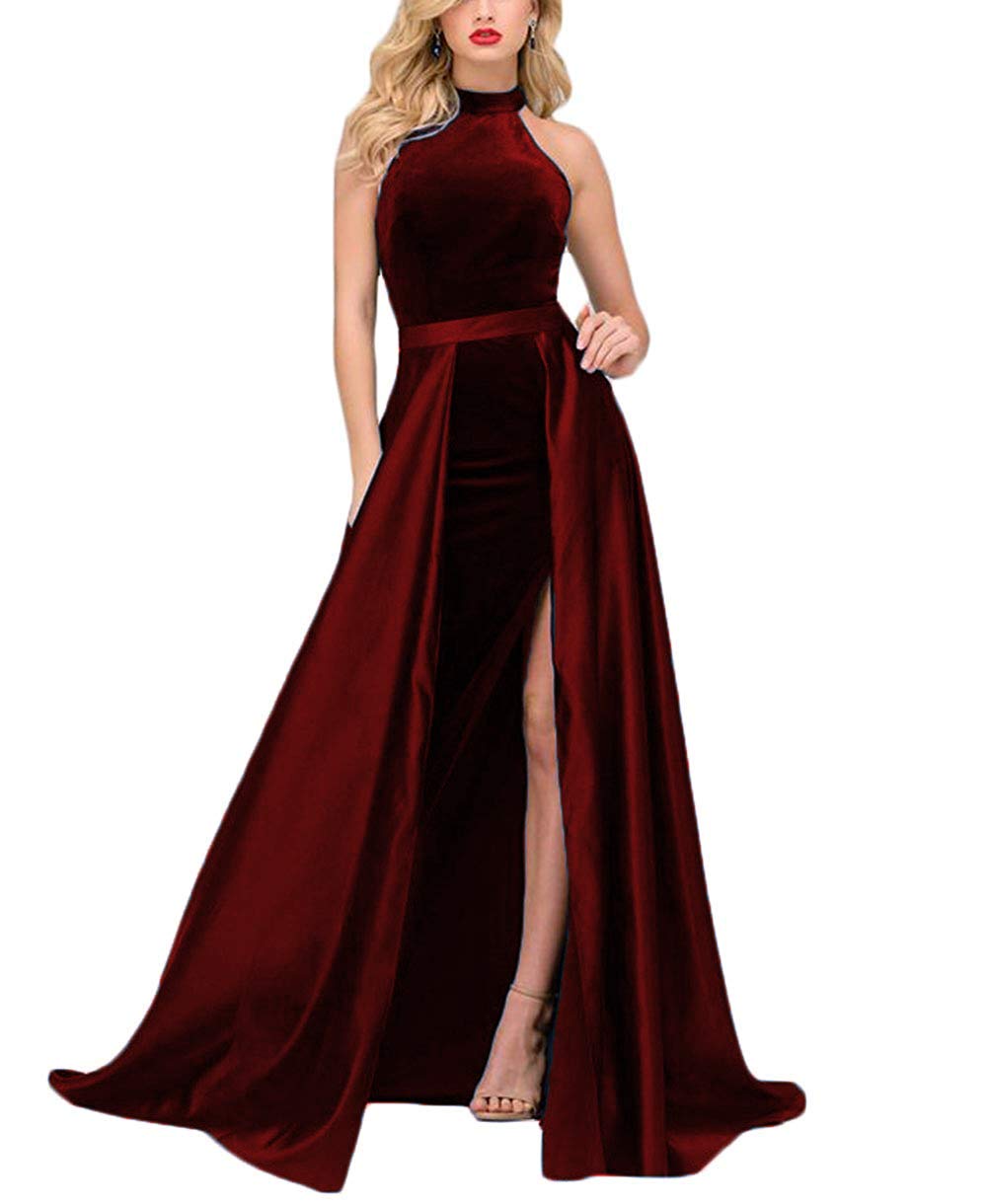 Vivi Women's High Neck Velvet Prom Dress with Slit & Detachable Train - Elegant Mermaid Evening Gown for Formal Events, Homecoming, Weddings & Special Occasions