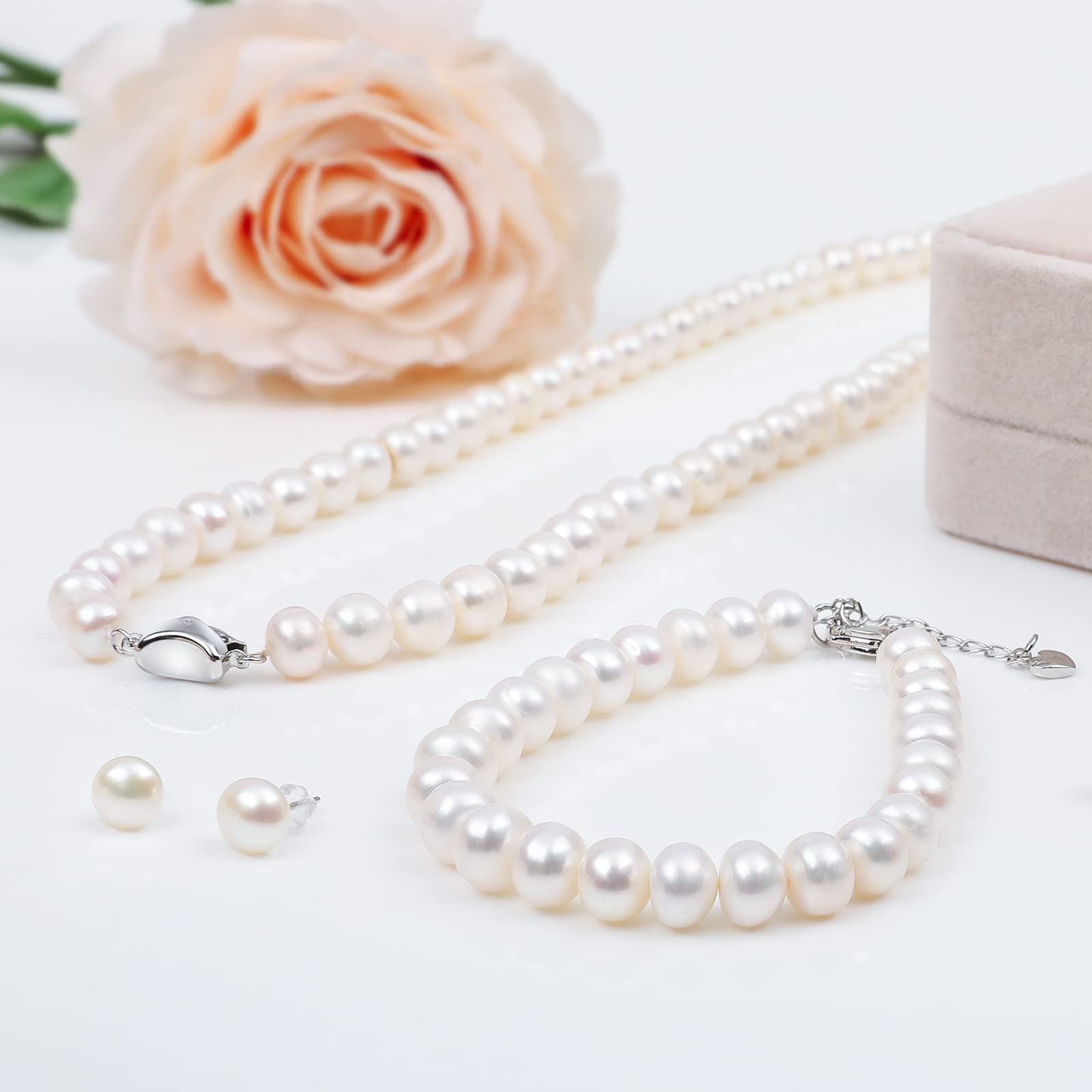 Authentic Freshwater Cultured Pearl Jewelry Set for Women - Elegant Necklace, Bracelet & Stud Earrings | Perfect for Weddings, Anniversaries & Special Occasions