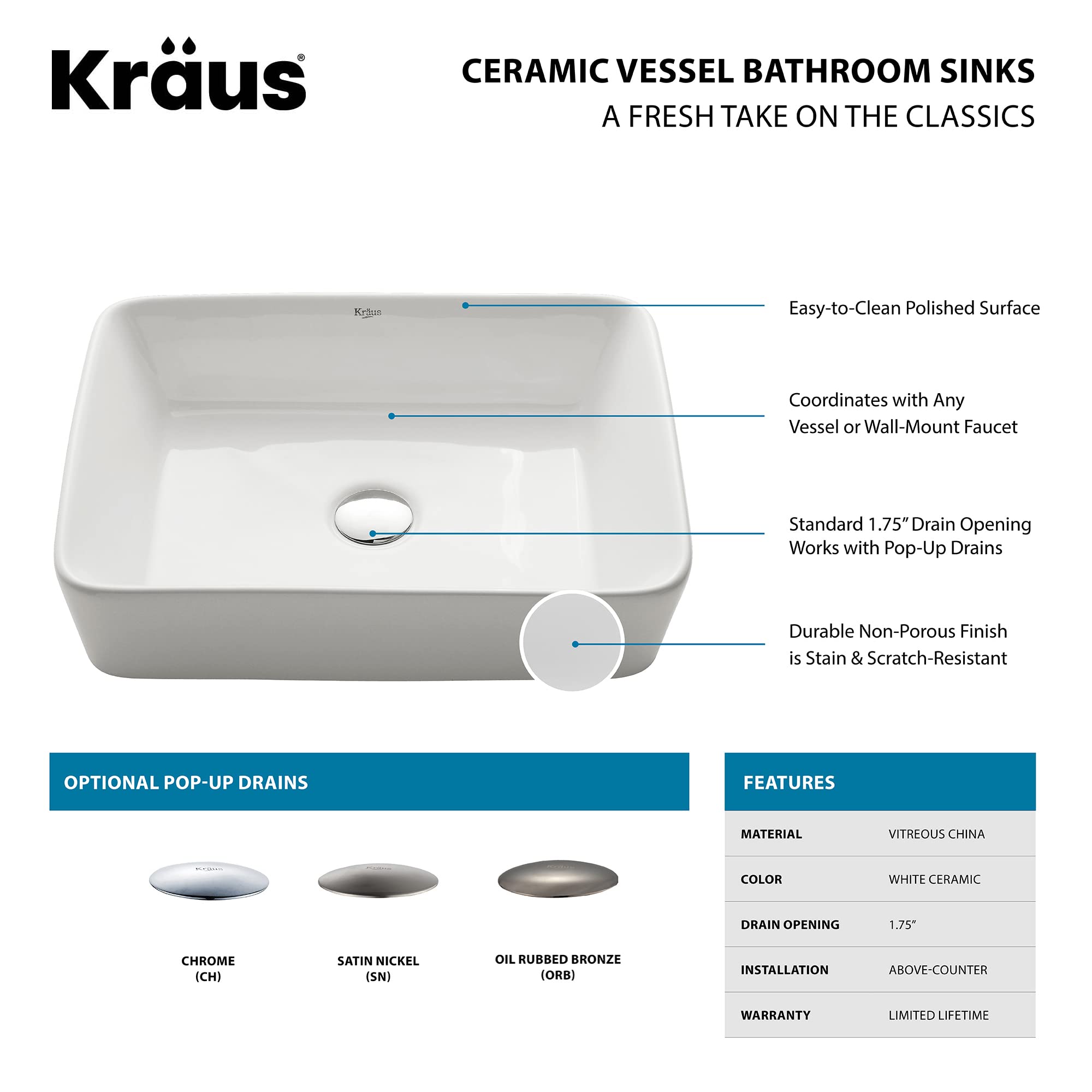 Kraus KCV-121-ORB White Rectangular Ceramic Kitchen Sink with Pop-Up Drain, Oil Rubbed Bronze Finish - Perfect for Modern Farmhouse & Rustic Bathroom Renovations