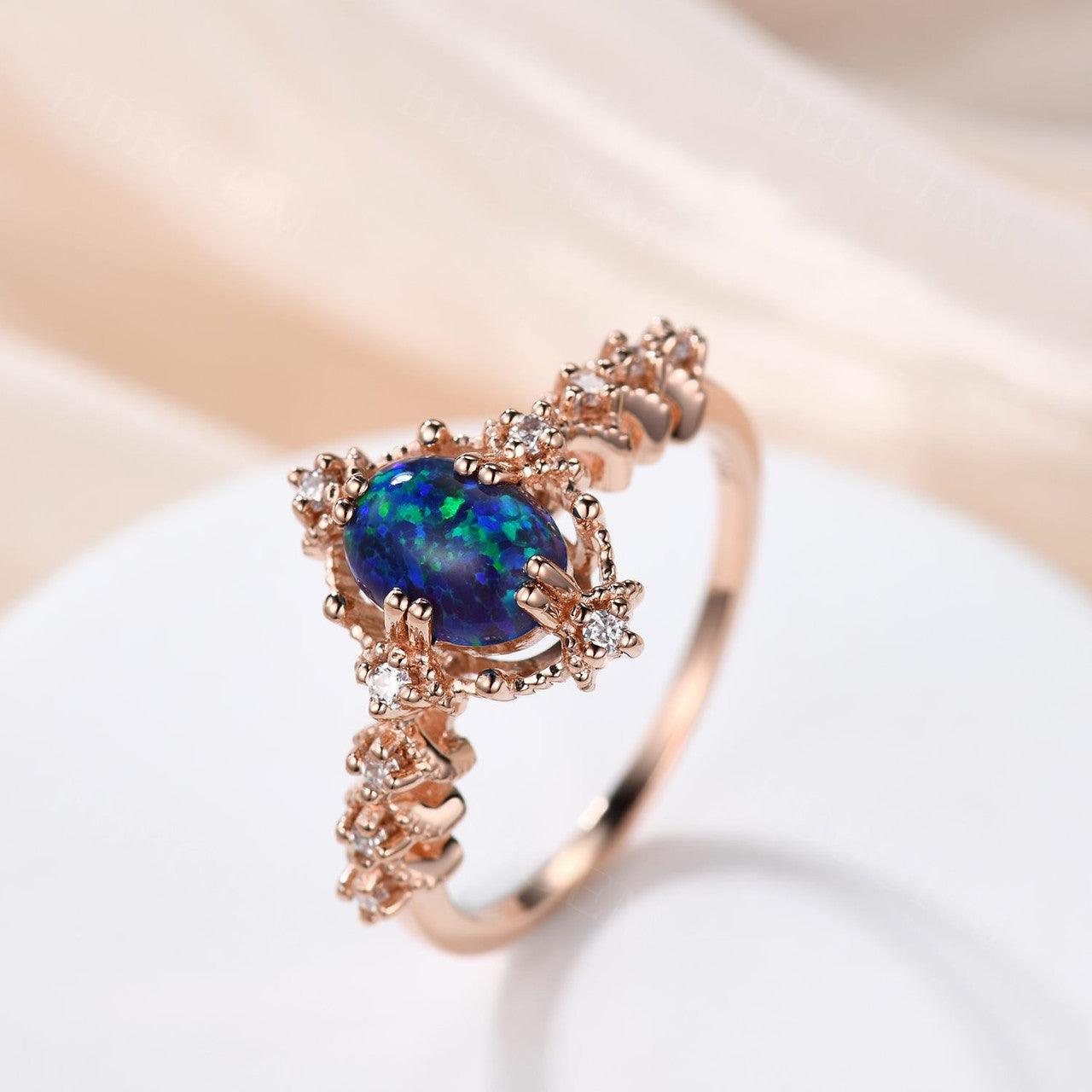 14K/18K Vintage Black Opal Engagement Ring with Diamond Band - Elegant Promise Jewelry for Wedding, Proposal & Anniversary Gifts