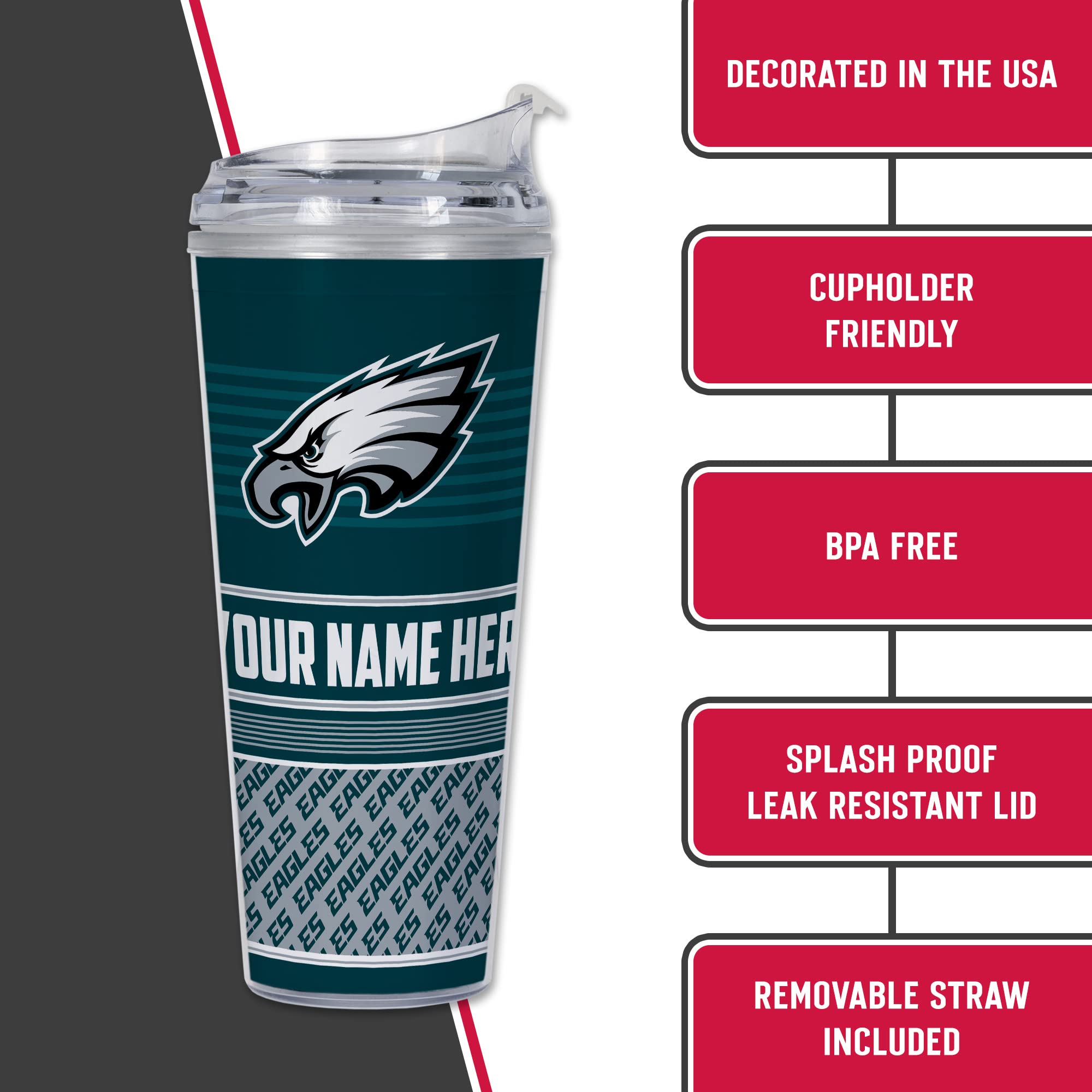 Philadelphia Eagles 24oz Personalized Tumbler with Hinged Lid - Insulated Stainless Steel Travel Mug - Keeps Drinks Cold 24Hrs/Hot 12Hrs - NFL Team Colors - Perfect for Game Day, Office & Outdoor Adventures
