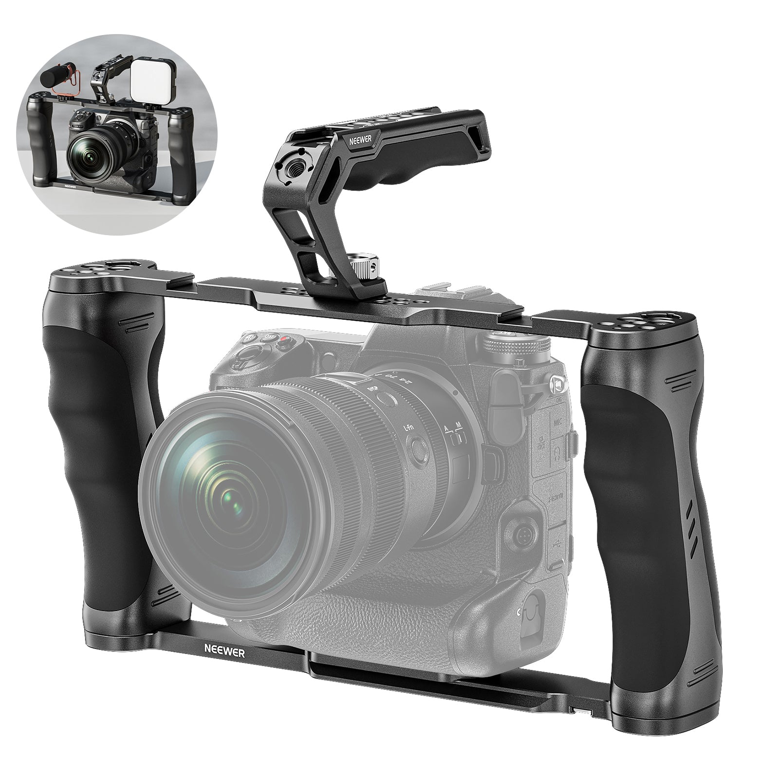 NEEWER CA016T+CA007 Universal Camera Cage for DSLR & Mirrorless Cameras - Durable Aluminum Alloy Rig with Cold Shoe Mounts for Photography & Videography - Perfect for Vlogging, YouTube, and Film Making