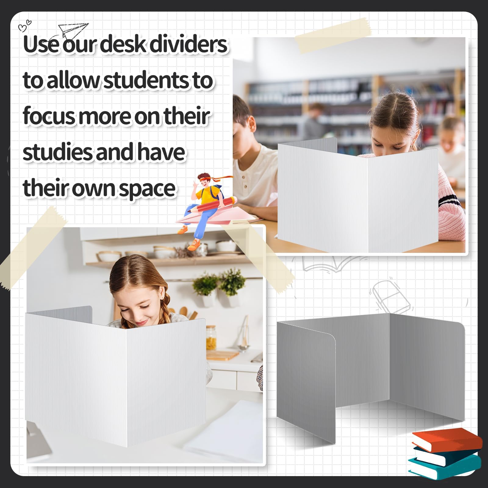 12 Pack Plastic Desk Dividers for Students - Black, White & Gray Privacy Folders, Classroom Test Dividers & Trifold Privacy Boards - Perfect for School Supplies, Study Sessions & Exam Privacy