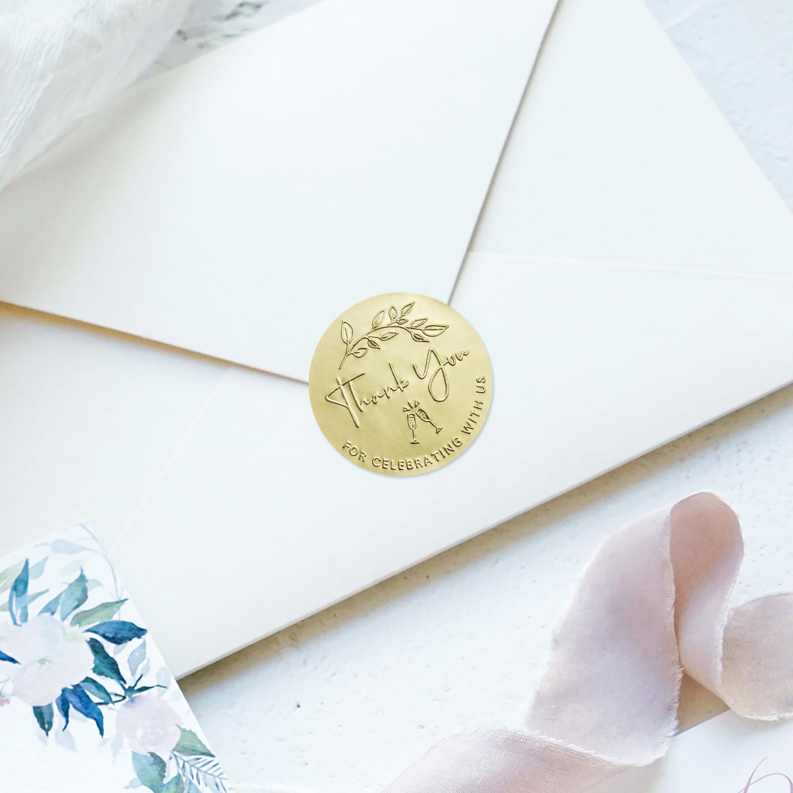 100 Pack Gold Foil Embossed Wedding Thank You Stickers - Round Metallic Party Favor Labels for Wedding Decorations, Bridal Shower, Anniversary & Special Events - 