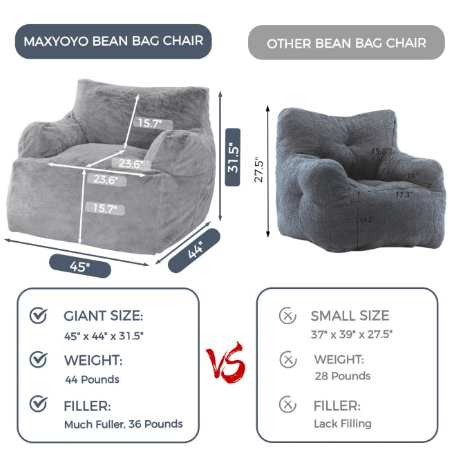 MAXYOYO Giant Bean Bag Chair - Ultra Soft Faux Fur Oversized Bean Bag Couch for Adults & Teens, Grey - Perfect for Living Room Lounging, Gaming & Movie Nights