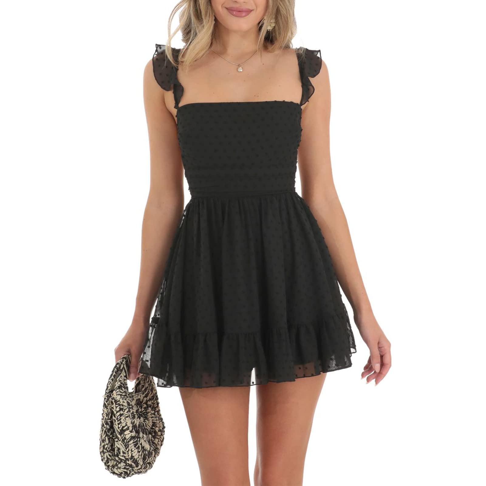 Women's Summer Lace Trim A-Line Short Dress - Solid Color Short Sleeve Square Neck Ruched Mini Dress for Y2K Streetwear | Perfect for Beach Outings, Date Nights & Summer Parties