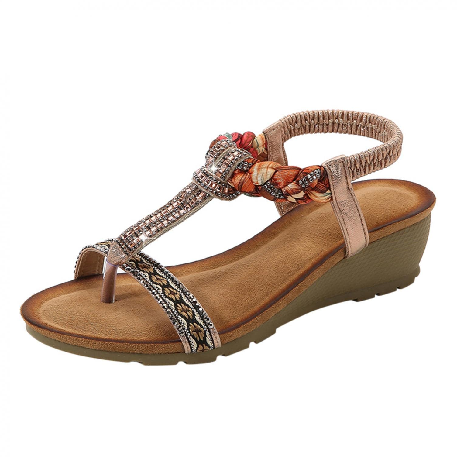 Women's Boho Roman Sandals - Fashionable Summer Wedges with Elastic Band & Bead String Design for Beach, Vacation & Casual Outings