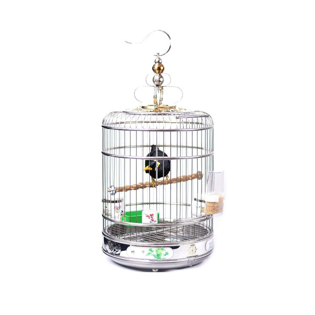 Stainless Steel Bird Cage with Painted Pattern - Round Decorative Bird Bathing Cage & Carrier, Height Adjustable (Medium Size) - Perfect for Parakeets, Canaries & Small Birds at Home or Outdoor Use