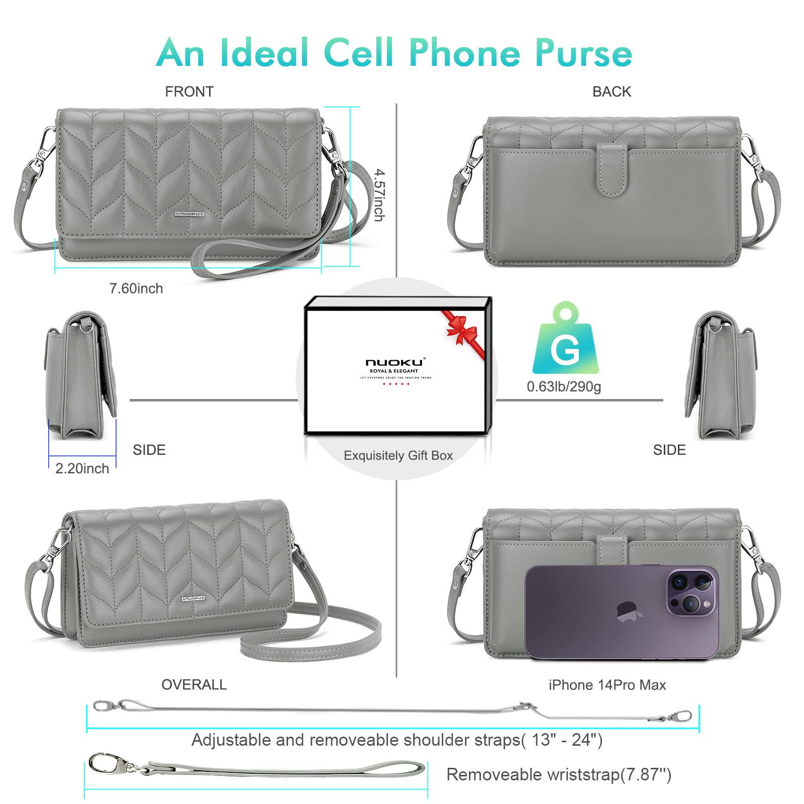 Nuoku Women's Small RFID Crossbody Bag with 2 Adjustable Straps - Phone Purse Wallet with Card Slots, Wristlet Handbag (Gray) - Perfect for Travel, Shopping & Everyday Use