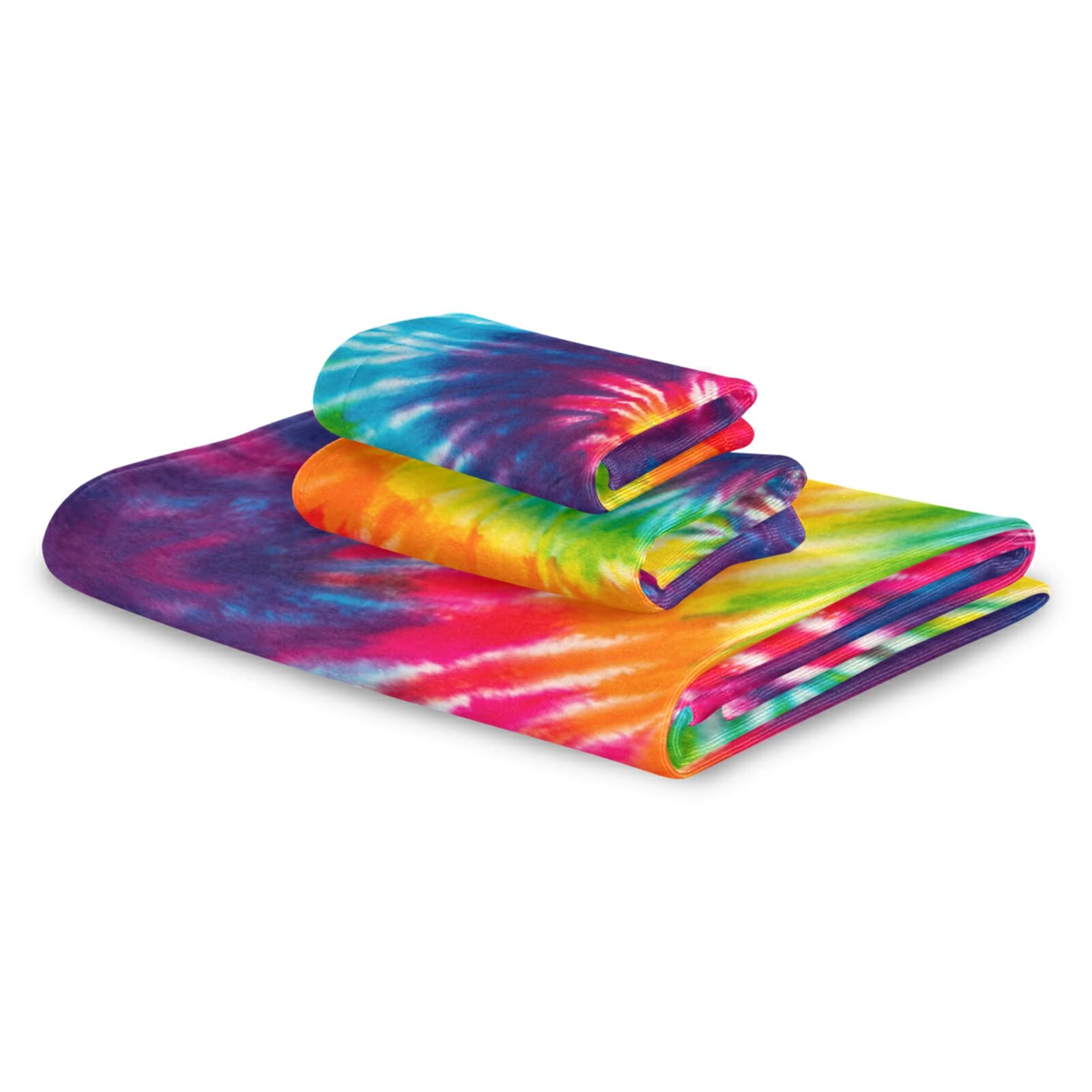 Pfrewn Tie Dye Bath Towel Set of 3 - Soft Absorbent Rainbow Hippie Towels for Bathroom, Hand & Washcloth - Boho Chic Abstract Swirl Design - Perfect for Guest Towels, Spa Days & Bohemian Home Decor