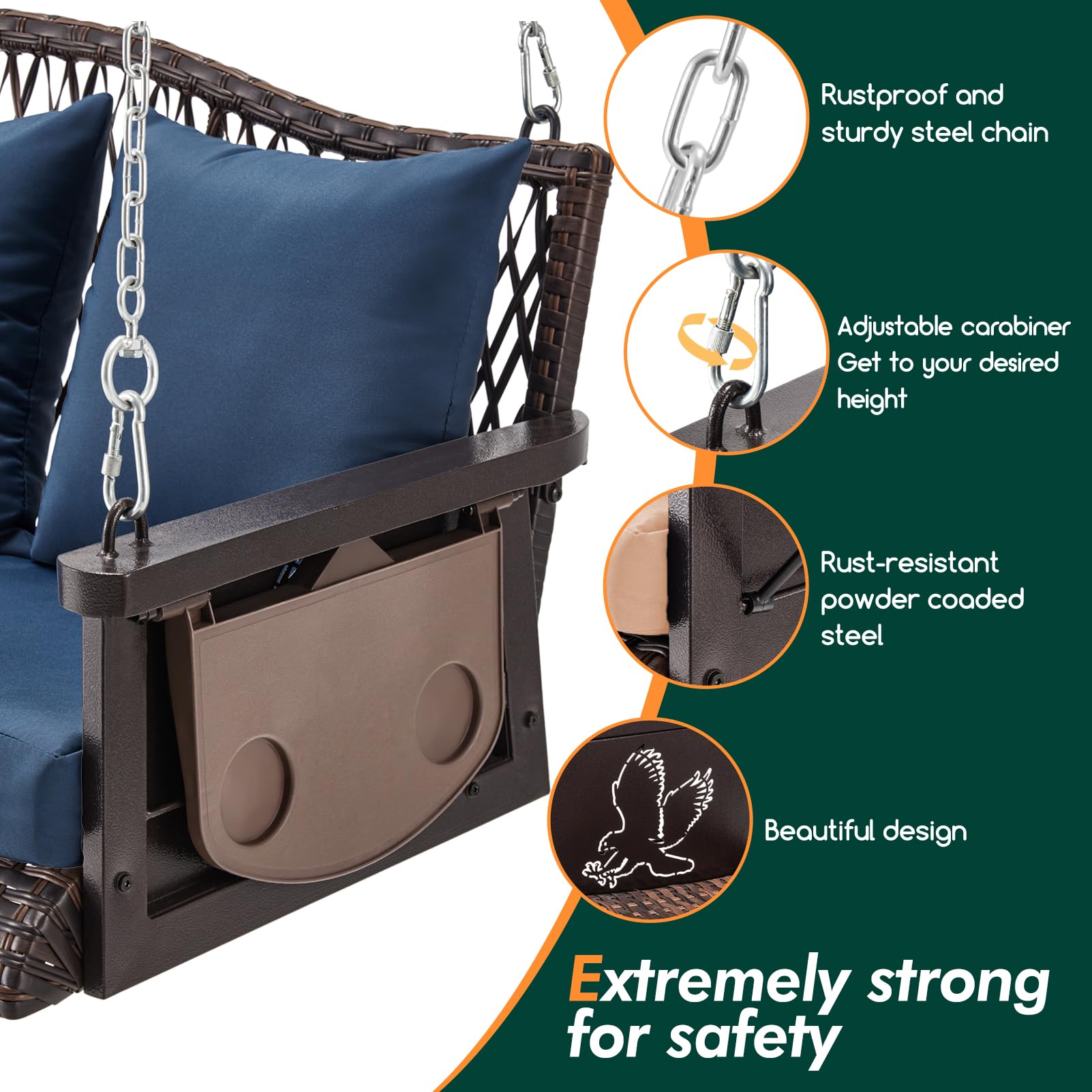 Heavy Duty 900 LBS Capacity 3-Seat Wicker Hanging Porch Swing Chair with 8.9ft Chains - Outdoor Patio Swing Bench for Adults, Includes Cushions & Cup Holder - Perfect for Backyard, Garden, and Deck Relaxation
