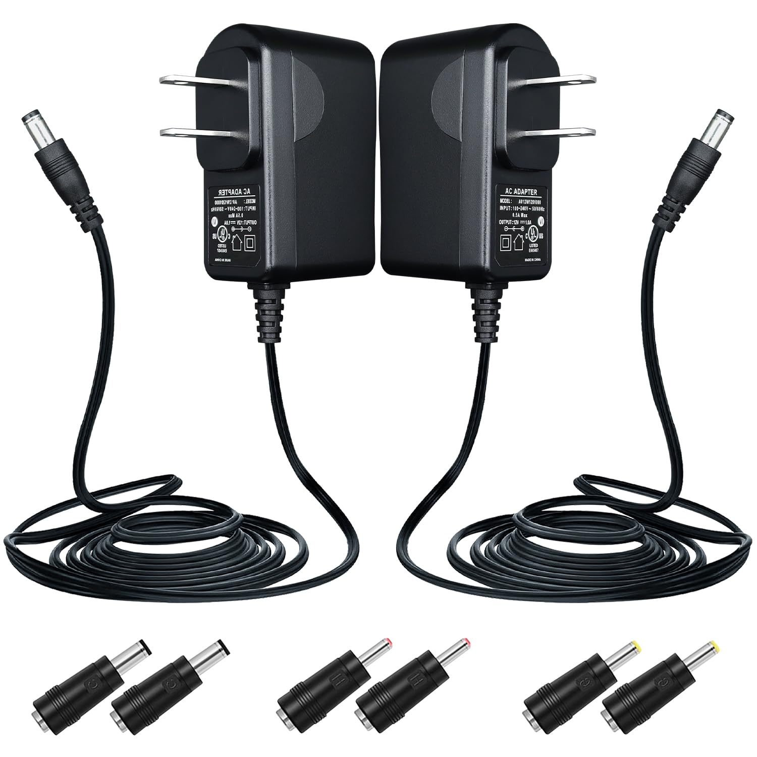 2 Pack AC 100-240V to DC 12V 1A Power Adapter - 12W Universal Power Supply with 3 Tips for LED Strips, Keyboards, Bluetooth Speakers - Perfect for Home Office, Gaming Setup & Security Cameras (UL Listed)