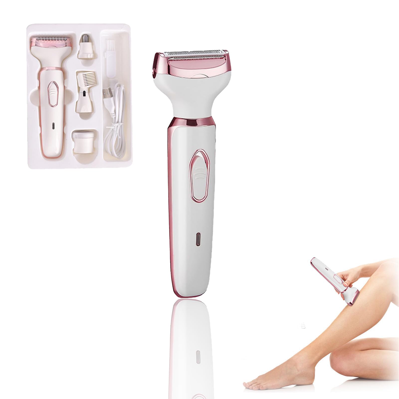 4-in-1 Electric Shaver for Women - Waterproof Cordless Rechargeable Lady Shaver with Trimmer & Bikini Razor - Smooth Hair Removal for Legs, Underarms, Bikini Line & Face - Perfect for Travel & Daily Use (White)