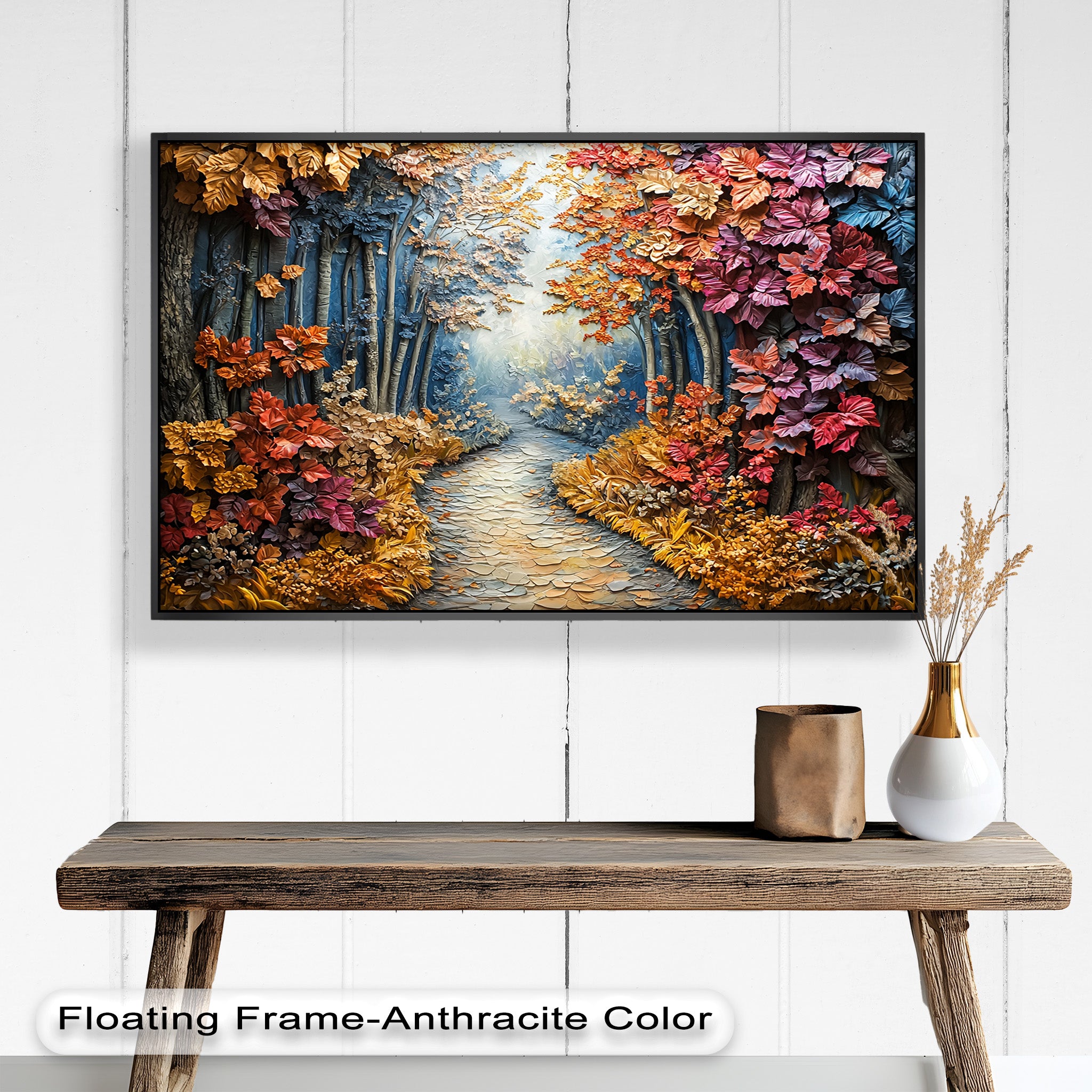 Autumn Path Framed Wall Art - Modern Forest Landscape Oil Painting for Living Room, Bedroom & Office Decor