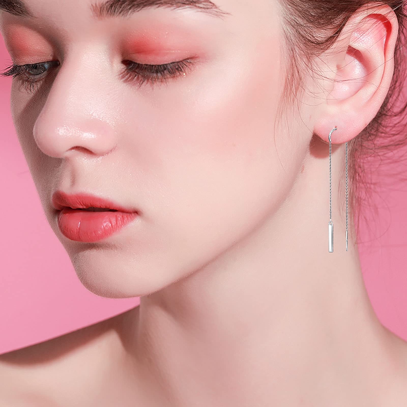Triangle Threader Earrings for Women - Sterling Silver with Created Opal Dangle Drop Chain | Elegant Long Thread Earrings for Parties, Weddings & Everyday Wear