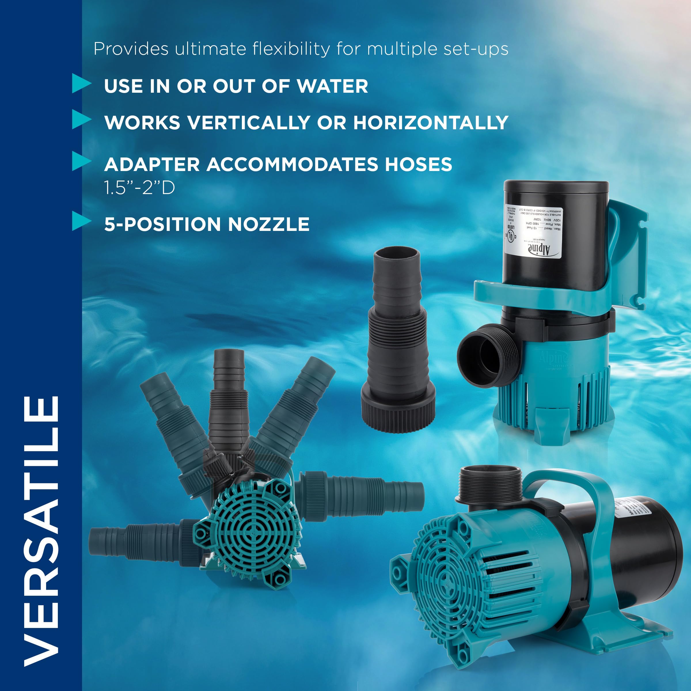 Alpine Corporation 5600 GPH Energy Efficient Water Pump for Ponds, Fountains, Waterfalls - Ultra Quiet High Lift Submersible Pump with Vertical & Horizontal Mounting Options | Perfect for Backyard Water Features, Garden Ponds & Aquatic Circulation Systems