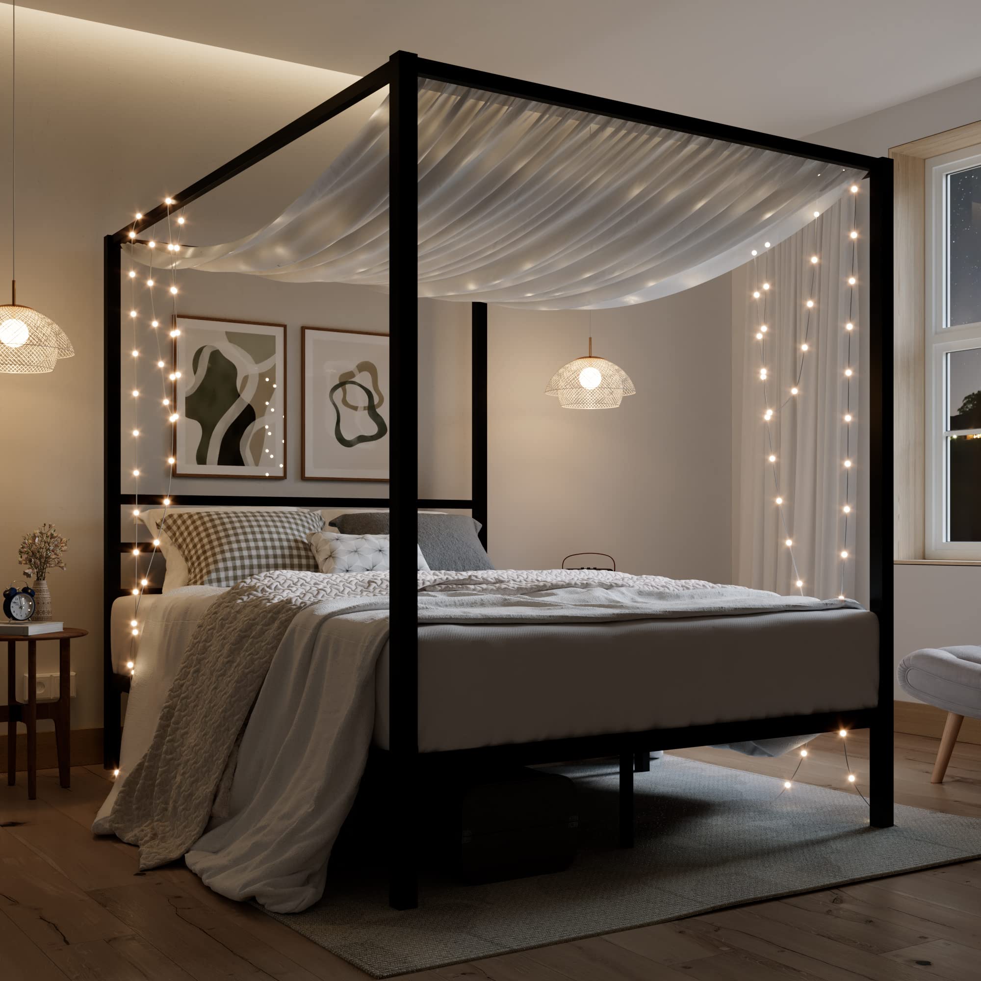 ikalido Queen Size Metal Canopy Bed Frame - Modern Four Poster Platform Bed with Mattress Foundation & Under Bed Storage | No Box Spring Needed | Black | Perfect for Master Bedrooms, Guest Rooms & Modern Apartments