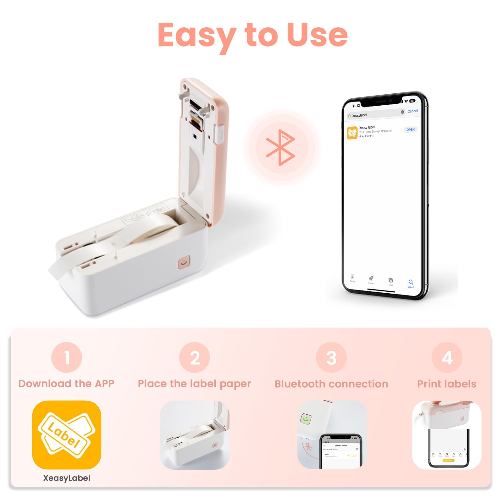 Portable Bluetooth Label Maker Machine with Tape - HP4 Mini Label Printer with Built-in Cutter & Multiple Templates for Office, Home, Storage Organization | Perfect for Filing, Pantry Labeling & Craft Projects