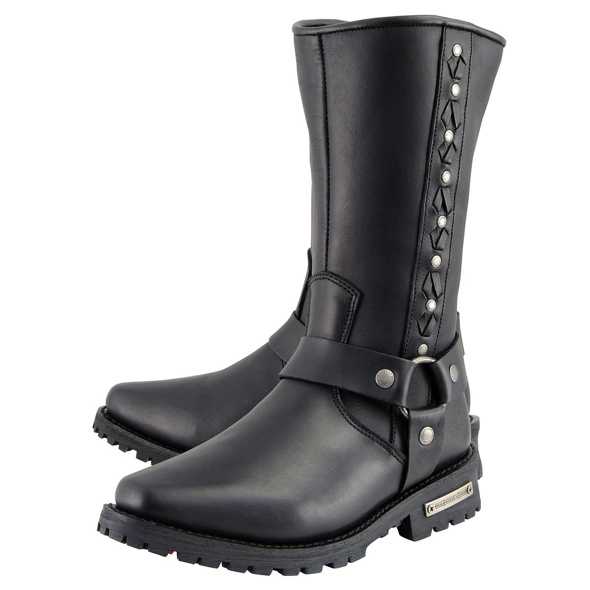 Milwaukee Leather MBM9025 Men's Black Leather Motorcycle Boots with Braid & Riveted Details - Durable Riding Boots for Harley Davidson & Cruiser Bikes