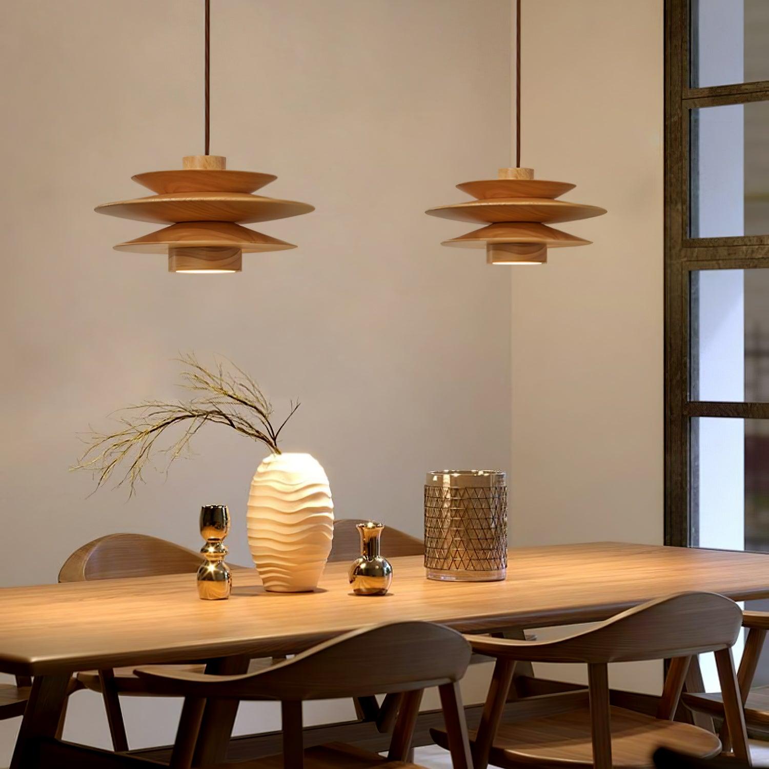 Cascade Wooden Disc Pendant Lamp - Modern Scandinavian Style Hanging Light Fixture for Dining Room, Bedroom, or Living Room Decor