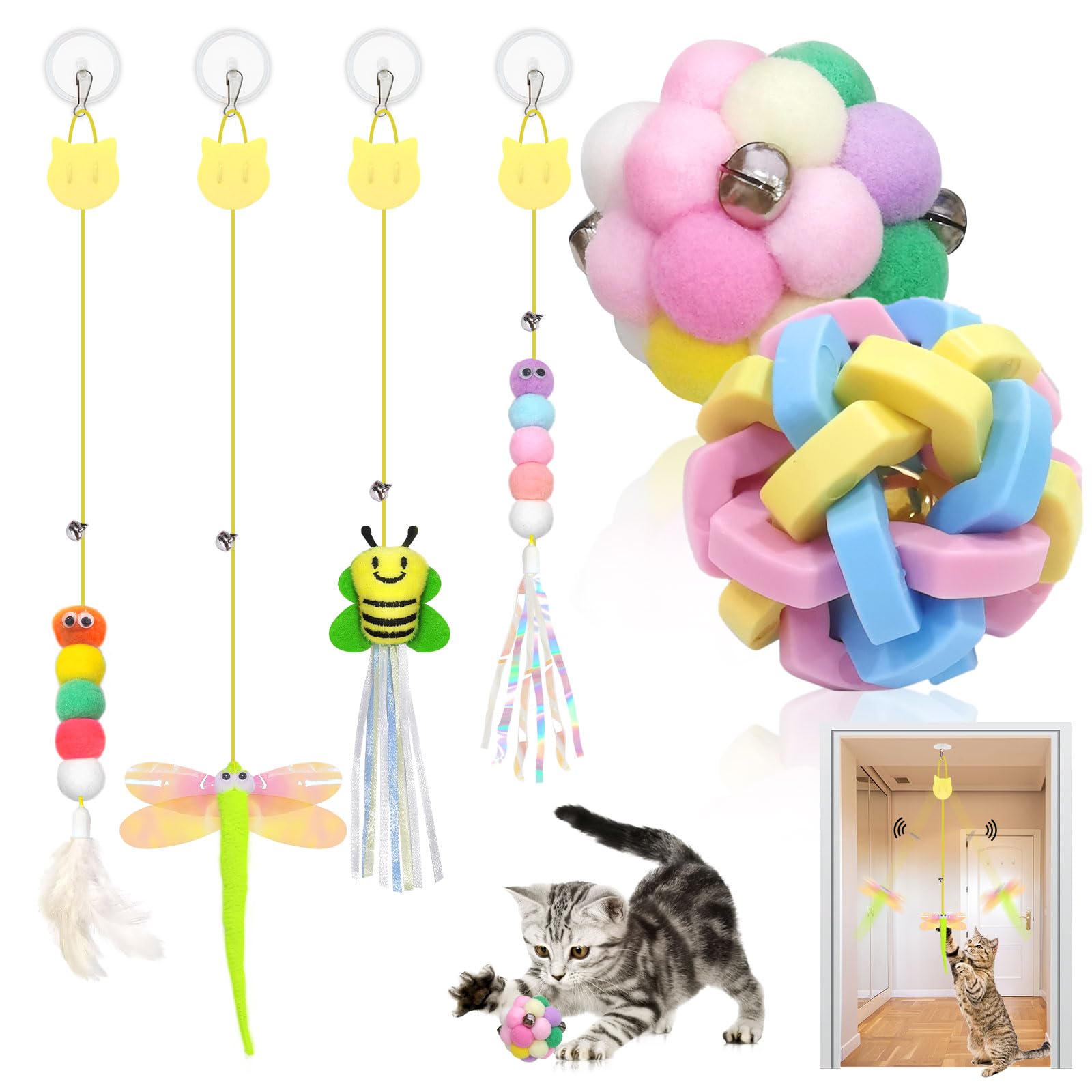 6pcs Interactive Cat Toys with Bells - Colorful Hanging Door Toys for Indoor Cats, Self-Play Kitten Teaser for Bored Adult Cats, Fun Exercise & Chase Play - Perfect for Playtime, Training & Mental Stimulation