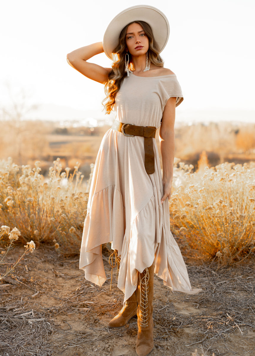 Elegant Pilar Dress in Light Taupe - Women's Casual Summer Midi Dress for Office, Date Night & Special Occasions