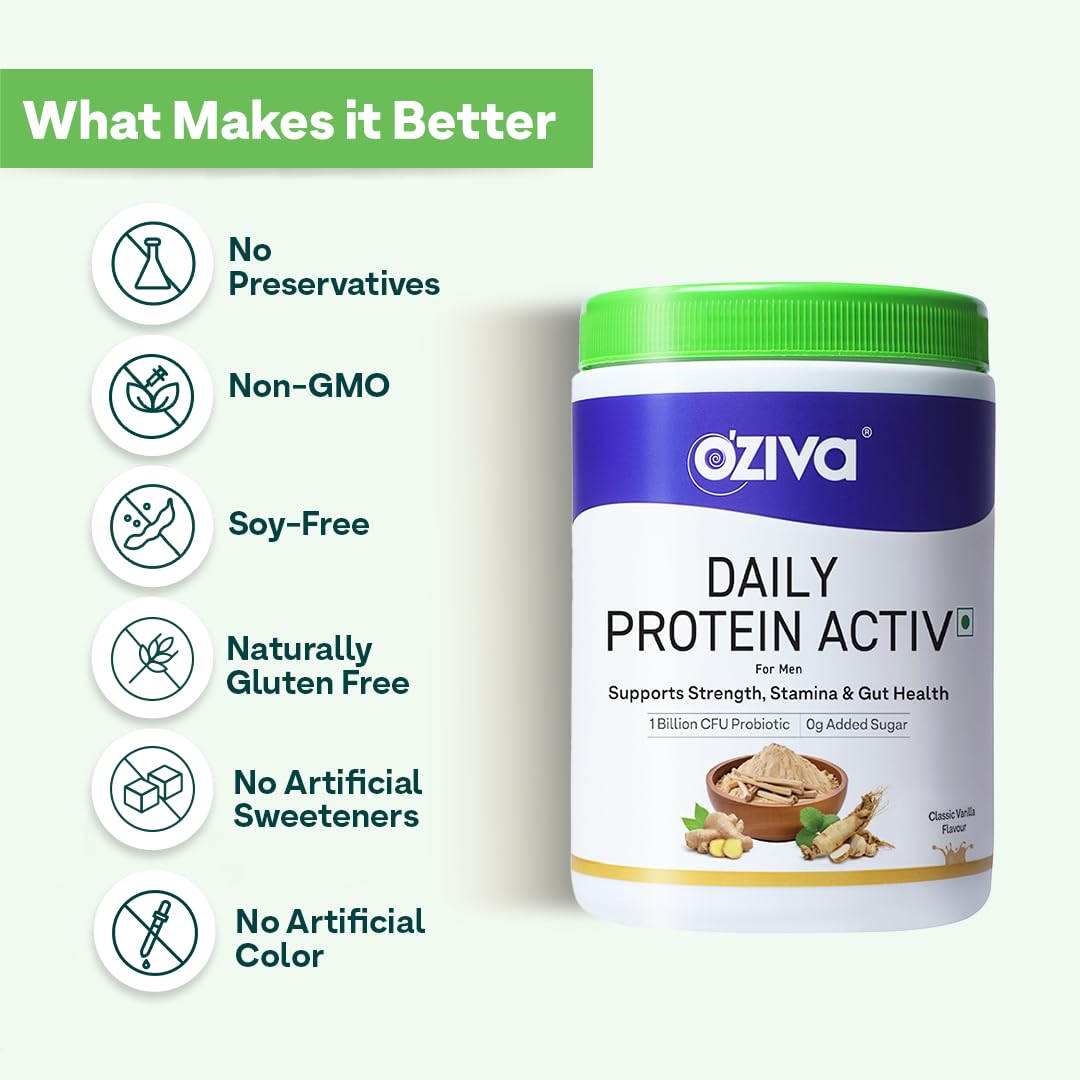 OZiva Daily Protein Activ for Men - 40G Protein Powder with Probiotics for Stamina & Muscle Growth - Vanilla Almond Flavor (300G, Pack of 1) | Ideal for Post-Workout Recovery & Active Lifestyle