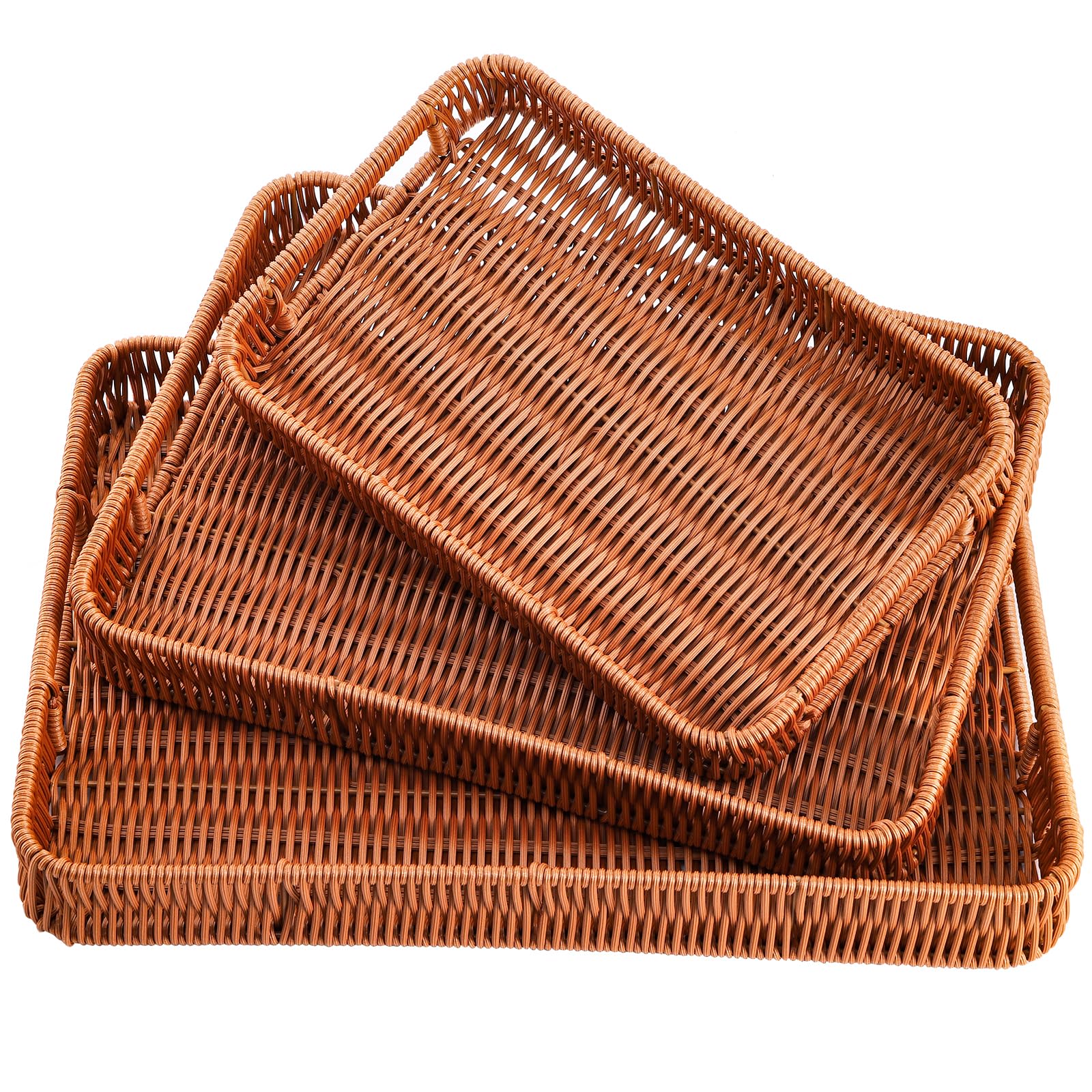 Yarlung 3-Pack Woven Storage Baskets with Handles - Rectangular Poly Wicker Serving Trays for Bread, Fruit, Vegetables, Snacks & Drinks - Perfect for Breakfast, Dining Table, Coffee Table & Kitchen Organization (3 Sizes)