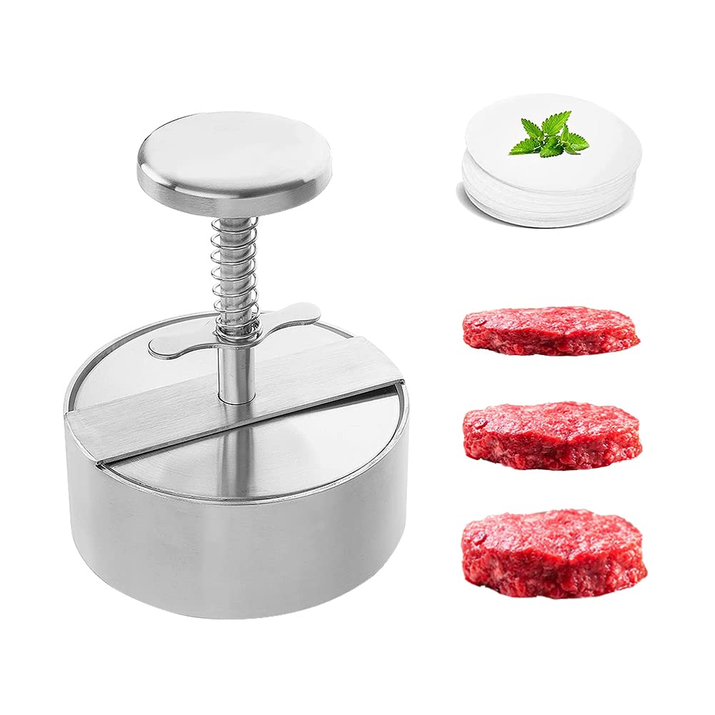 Stainless Steel Adjustable Burger Press - Non-Stick Hamburger Patty Maker for Beef, Pork, Lamb, Cheese & Veggie Burgers - Smash Burger Mold with 100 Wax Papers - Perfect for BBQ, Grill, Halal Cooking & Home Kitchen Use