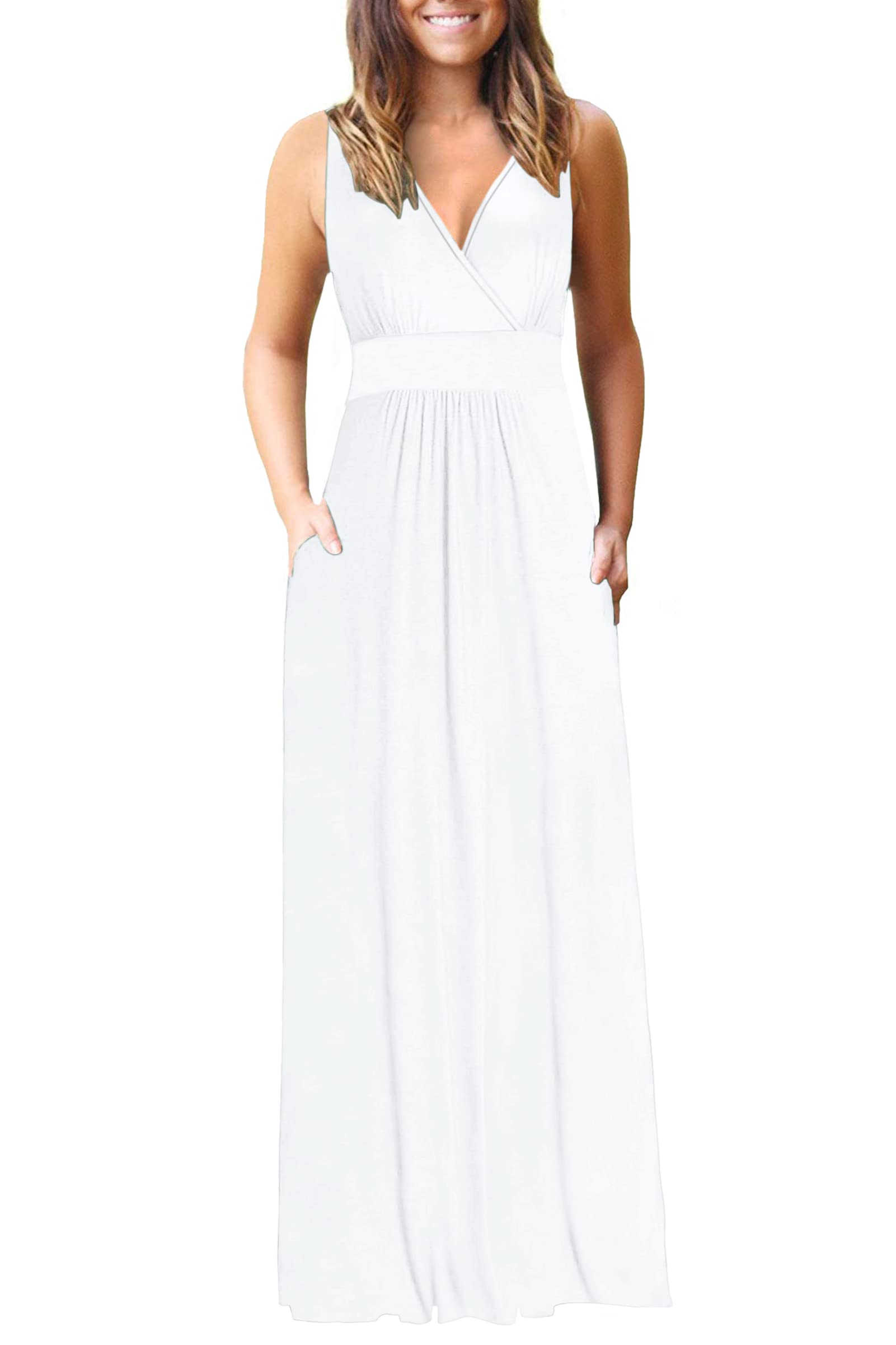 AUSELILY Women's Sleeveless Deep V-Neck Formal Maxi Dress with Pockets - Elegant Loose Plain Cocktail Long Dress for Evening Parties, Weddings & Special Occasions | 2025 New Collection