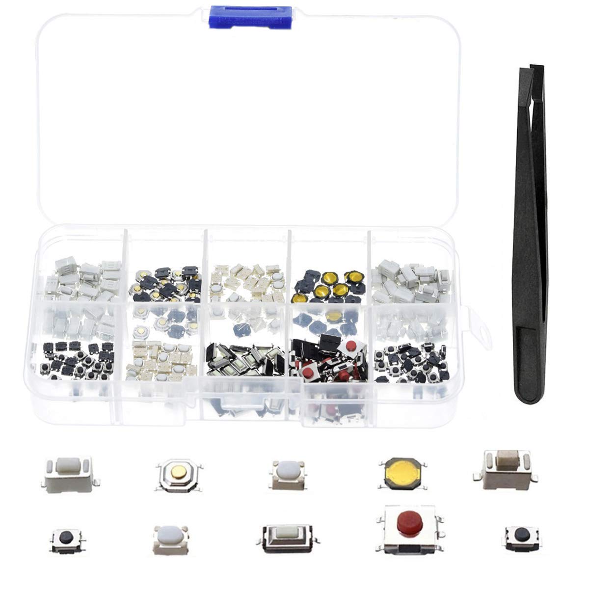 250PCS 10 Value Micro Momentary Tactile Push Button Switch SMD DIP Assortment Kit for PCB, Car Remote Control - Includes Tweezer for DIY Electronics, Arduino Projects & Circuit Board Repair