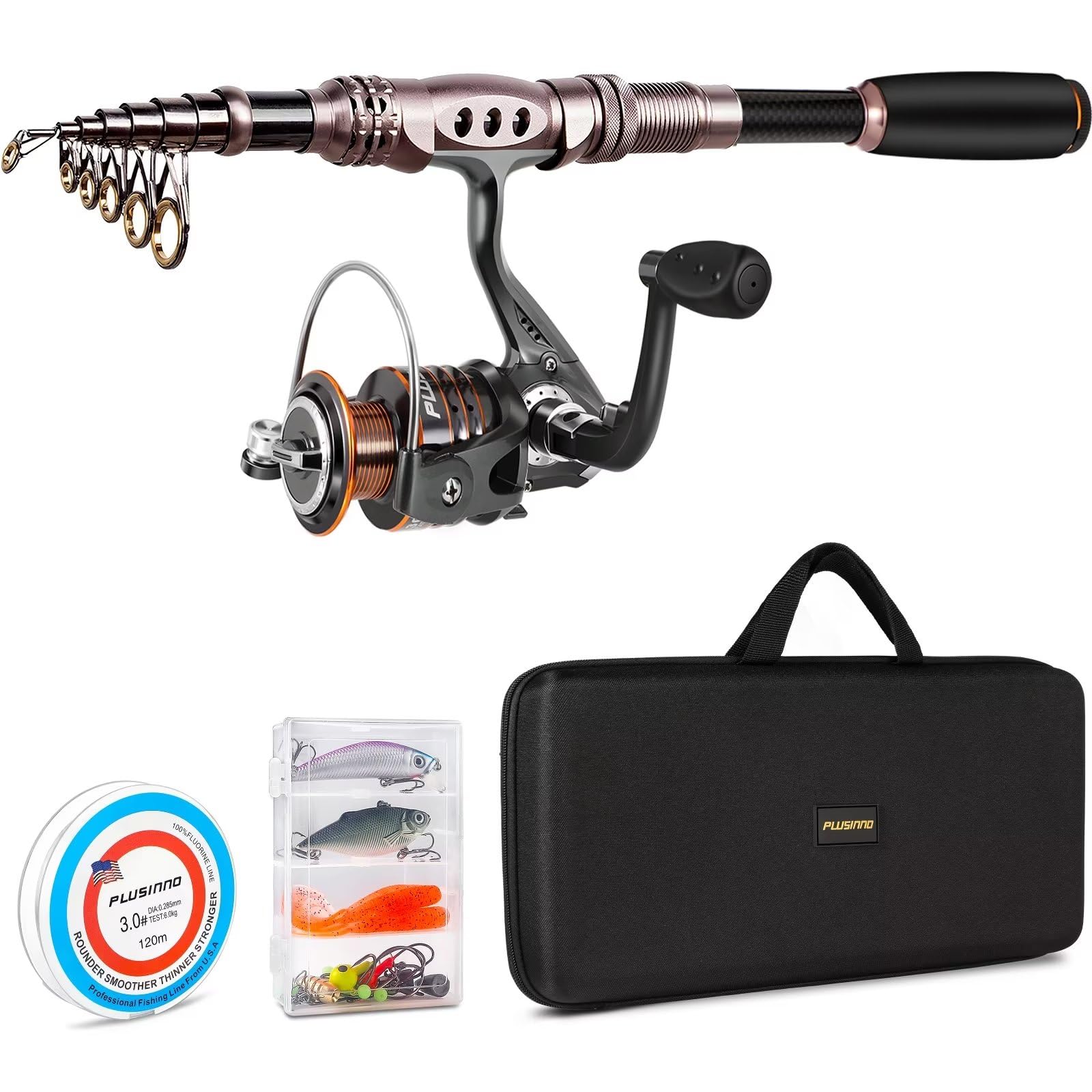 PLUSINNO Carbon Fiber Telescopic Fishing Rod and Reel Combo Kit - Lightweight Saltwater & Freshwater Fishing Pole with Spinning Reel | Perfect for Shore, Boat, and Kayak Fishing