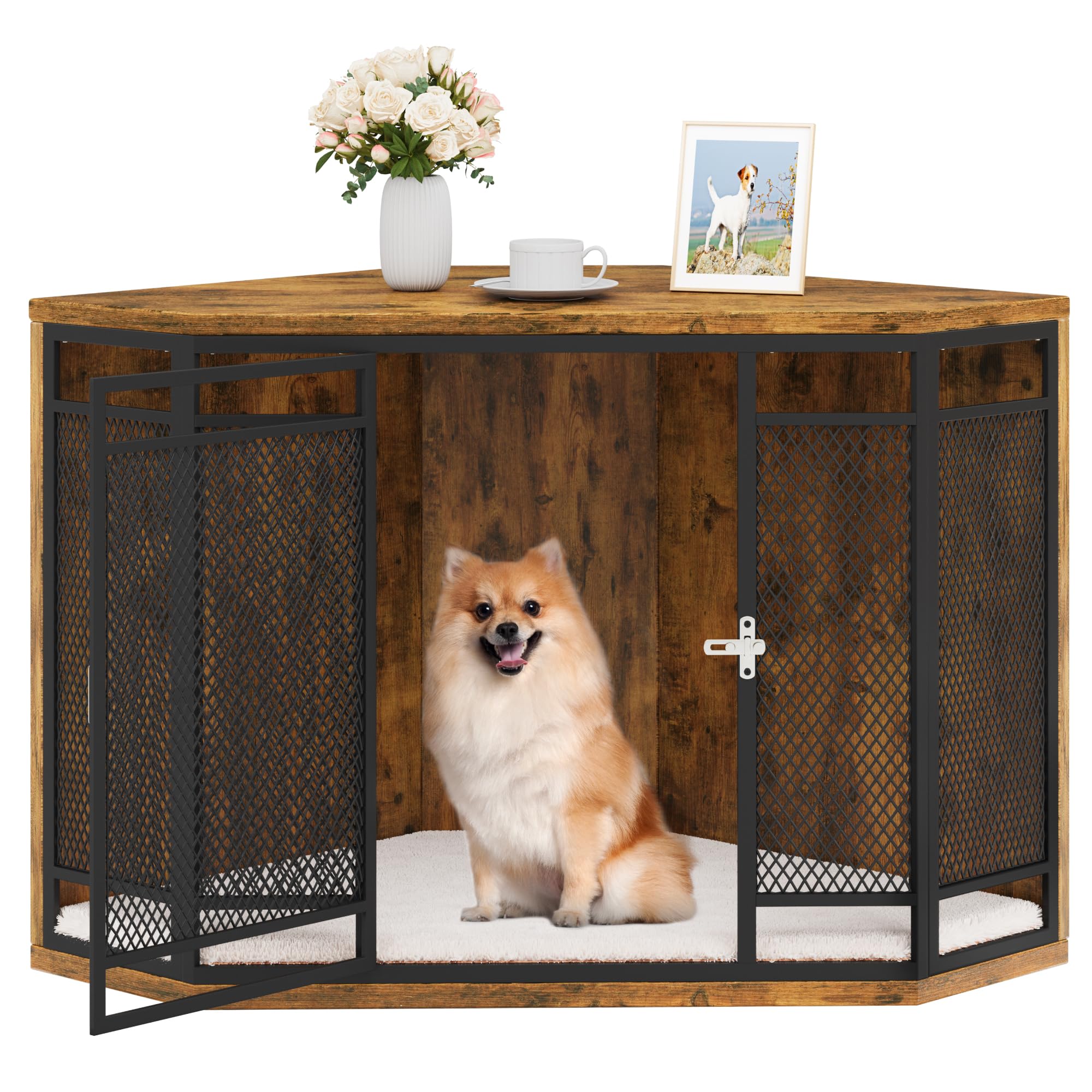 YITAHOME 43.7 Inch Wooden Dog Crate Furniture - Corner Kennel End Table with Metal Mesh for Small & Medium Dogs, Brown | Pet Furniture for Living Room, Bedroom & Office
