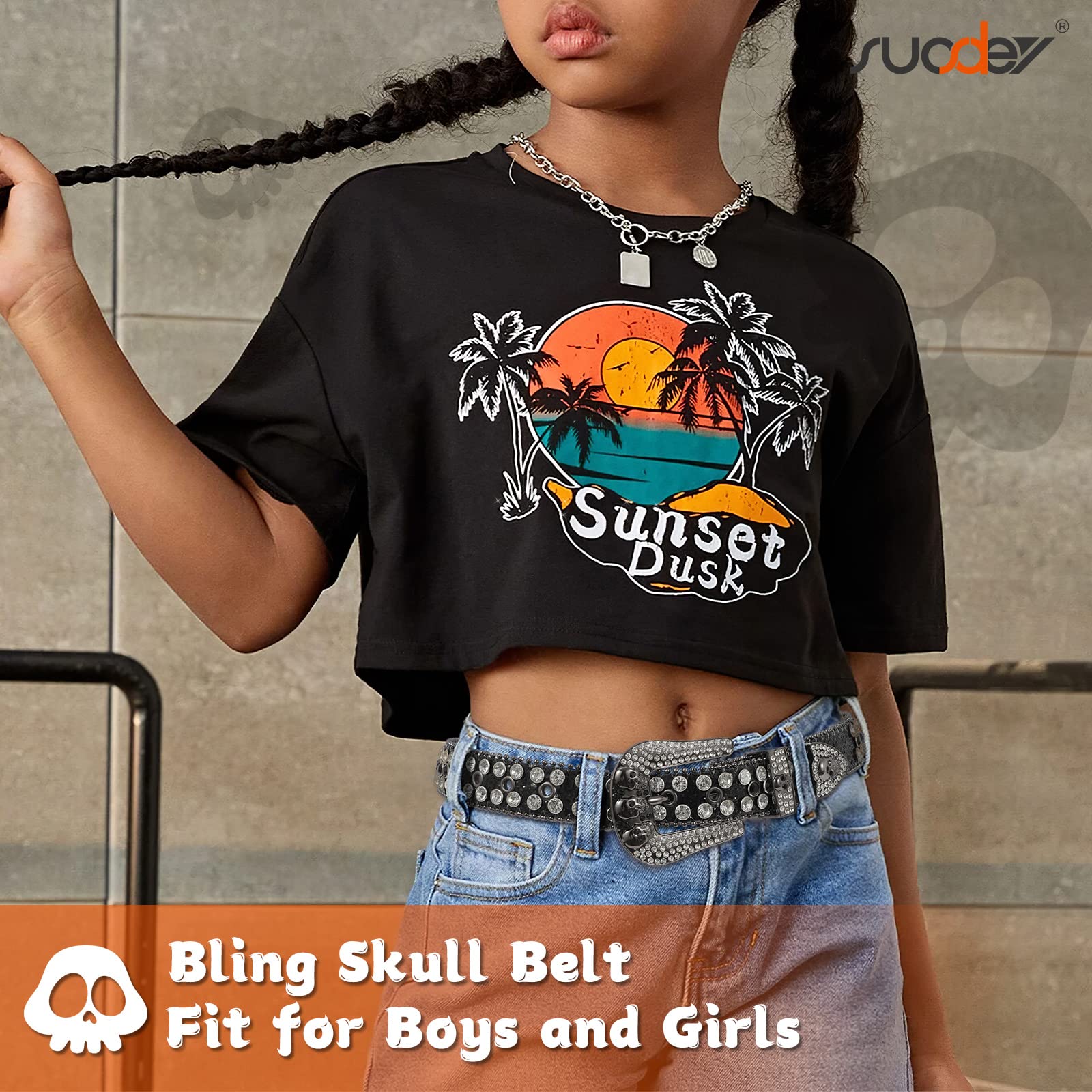 SUOSDEY Rhinestone Skull Leather Belt for Kids - Stylish Western Bling Cowboy Cowgirl Belt for Boys & Girls | Perfect for Jeans, Pants & Western Outfits