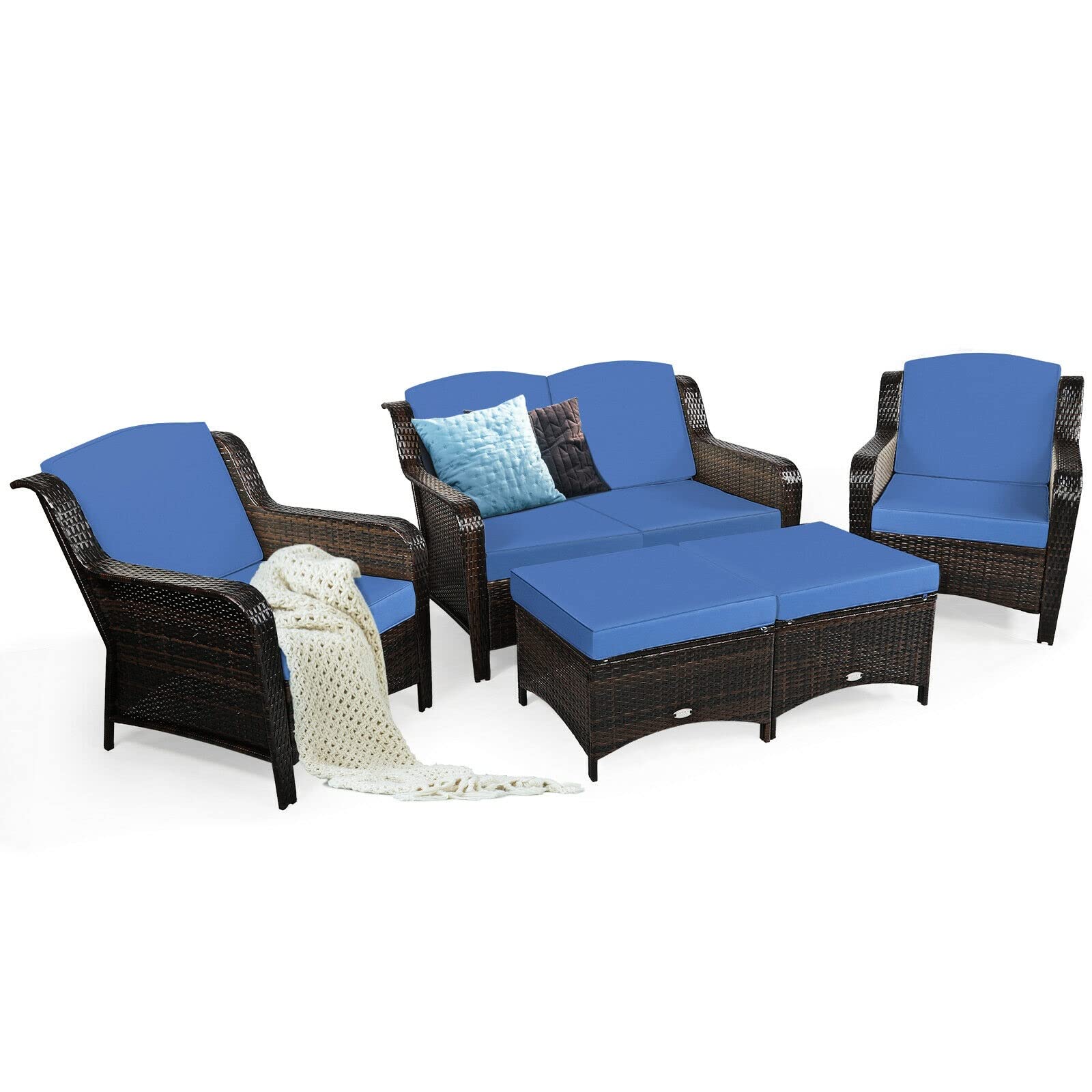 5-Piece Walnut Rattan Patio Furniture Set with Navy Cushions - Loveseat, Ottoman & Single Sofa for Outdoor Garden, Poolside or Backyard Relaxation
