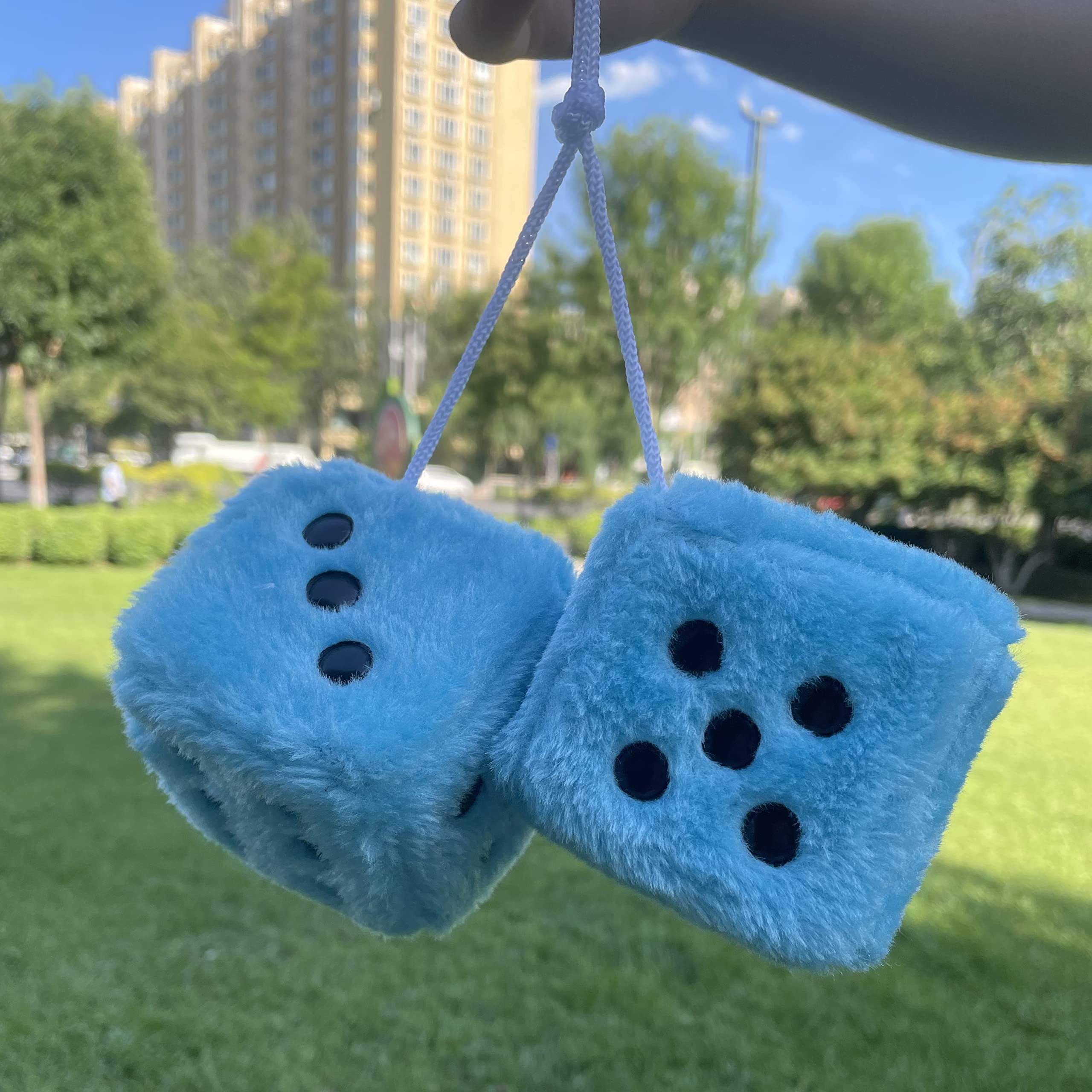 Retro Square Mirror Hanging Fuzzy Plush Dice for Car Interior Decoration - Blue Couple Dice with Dots | Perfect for Rearview Mirror Ornament, Car Accessories Gift, and Vehicle Styling