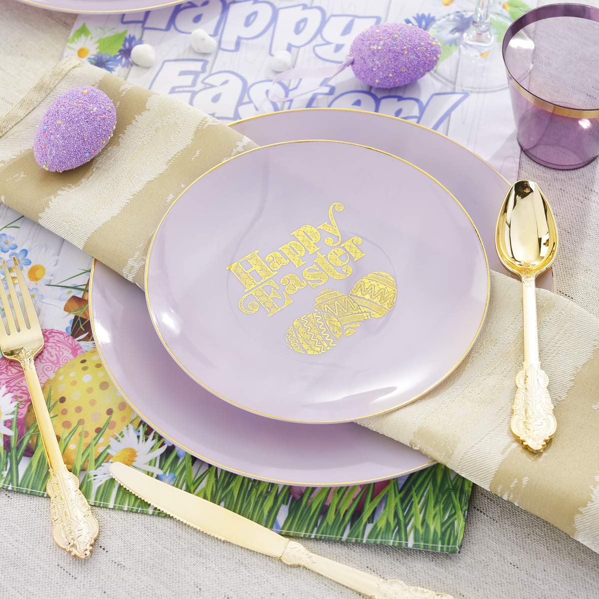 150-Piece Easter Party Tableware Set - Purple & Gold Disposable Plates, Forks, Knives, Spoons & Cups for Easter Celebrations - Perfect for Easter Brunch, Egg Hunts & Spring Gatherings
