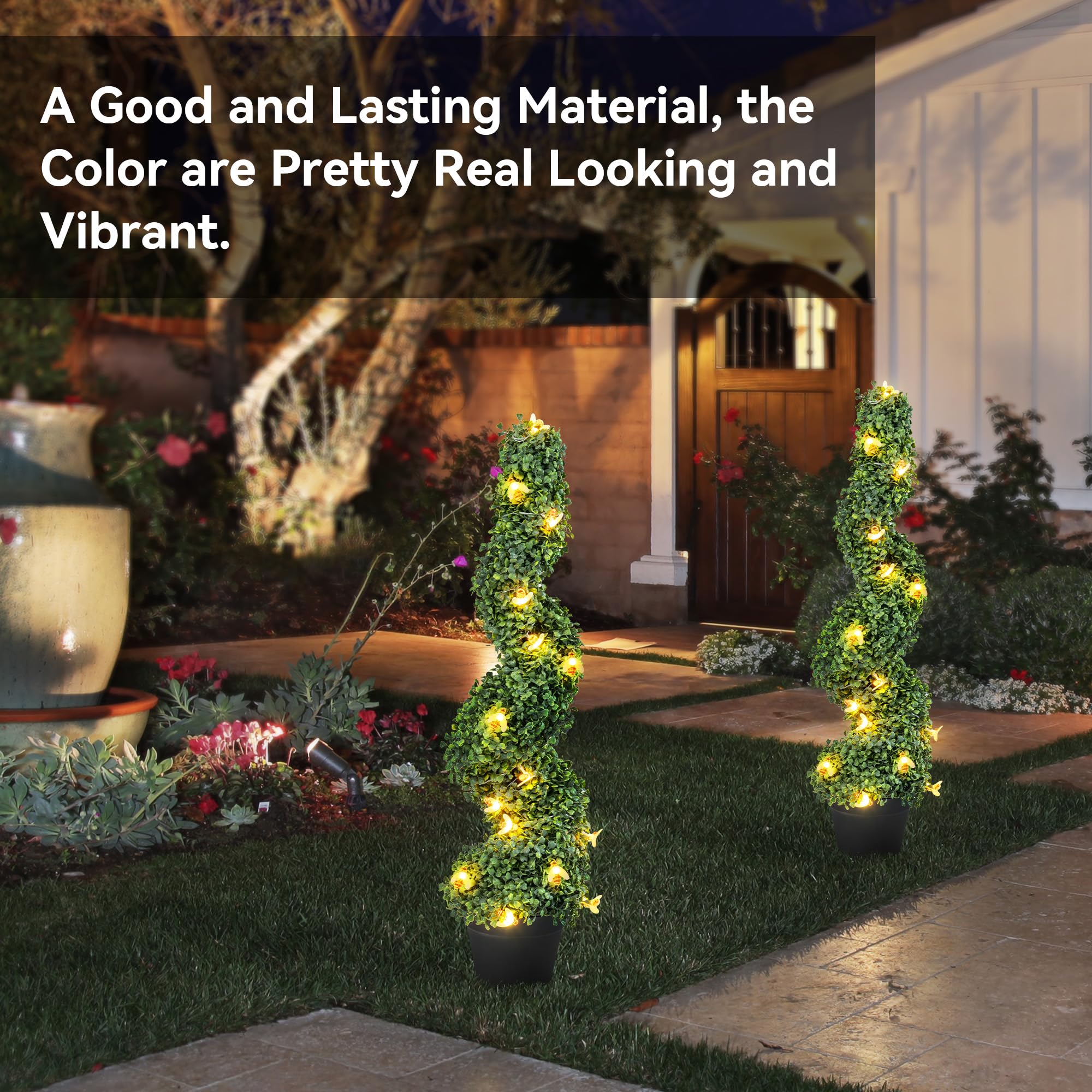 2 Pack 3ft Artificial Boxwood Spiral Topiary Trees with LED Bee Lights - Waterproof UV Resistant Outdoor Indoor Decor for Balcony, Deck, Porch, Garden & Entryway - Includes Sturdy Pot Base for Easy Placement