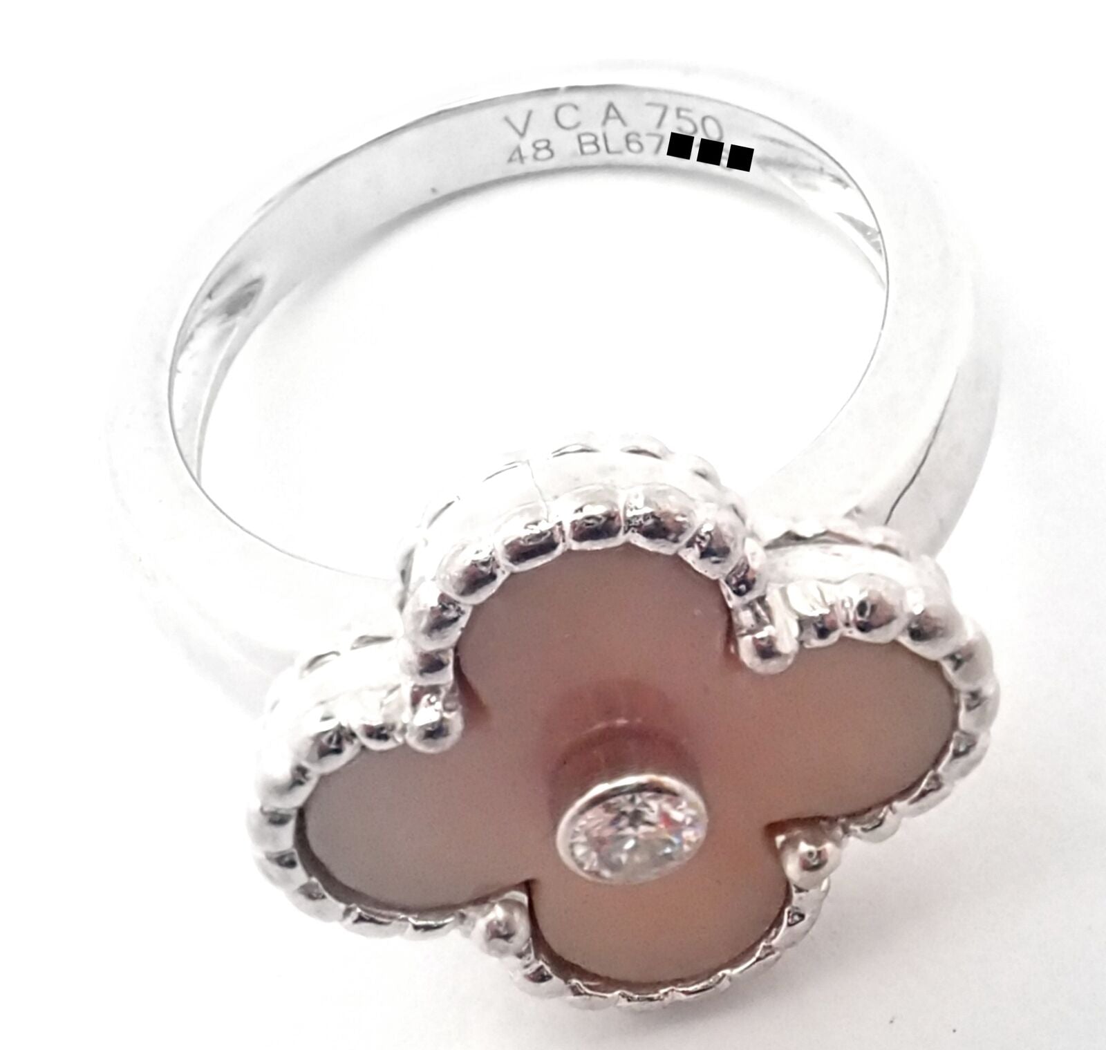 Authentic Van Cleef & Arpels Alhambra 18k White Gold Pink Opal Diamond Ring - Luxury Jewelry for Women, Perfect for Weddings, Anniversaries & Special Occasions