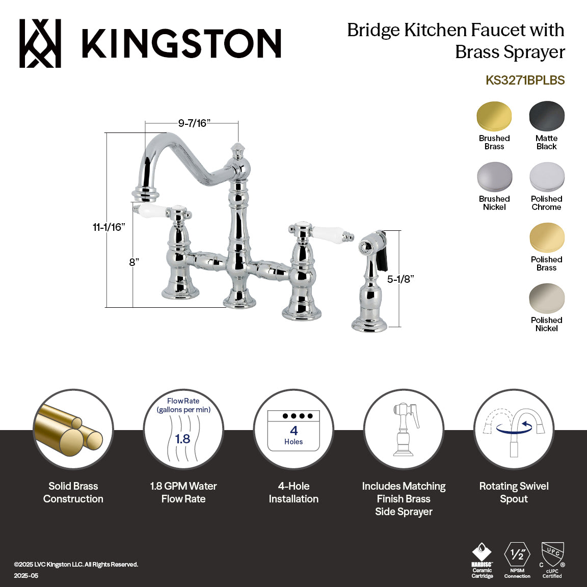 Bel Air KS3272BPLBS Two Handle 4 Hole Deck Mount Bridge Kitchen Faucet with Brass Side Sprayer, Polished Brass - Perfect for Farmhouse, Vintage & Traditional Kitchen Styles