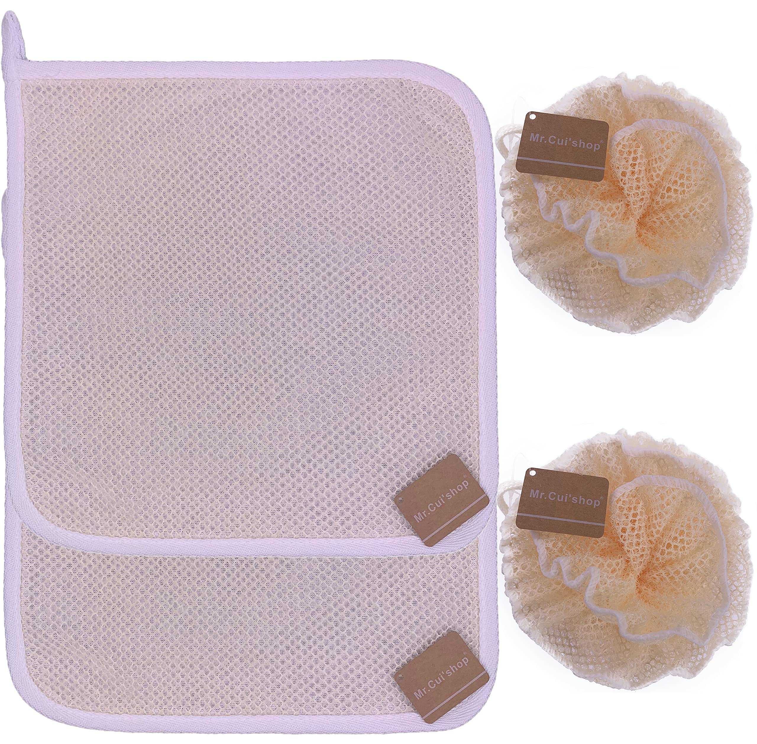 4-Piece Soft Weave Exfoliating Face & Body Wash Cloth Set with Dual Texture - Includes 2 Shower Scrubbers & 2 Bath Spa Puff Balls - Dead Skin Removal & Rich Foaming for Smooth Skin - Perfect for Daily Skincare, Spa Days & Gift Sets