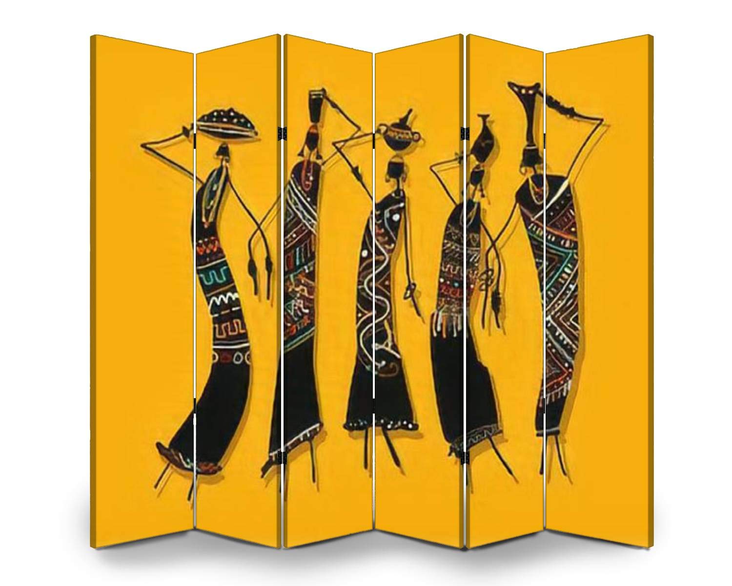 APED DECOR 6-Panel Wooden Room Divider - Handcrafted African Women with Jugs Design, Folding Privacy Screen for Home & Office - Dual-Sided Canvas Partition for Living Room, Bedroom, and Studio Decor