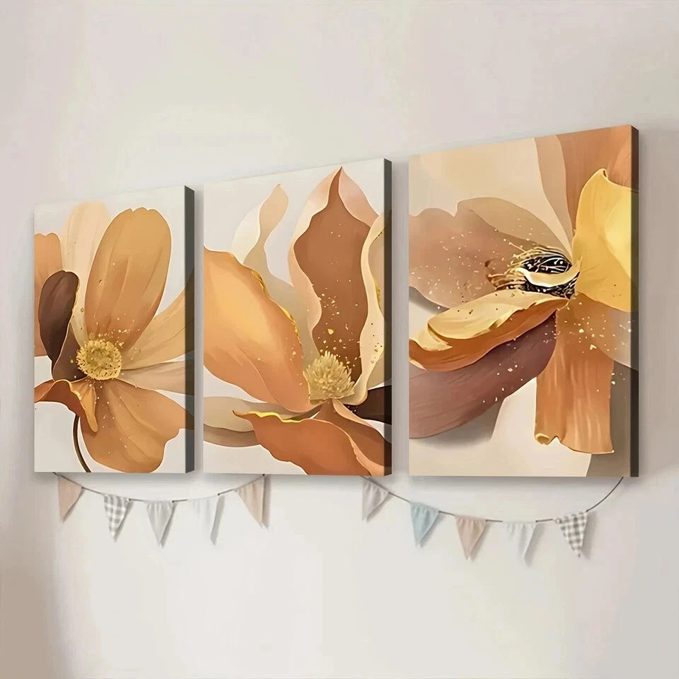 3Pcs Abstract Floral Wall Art Set - Elegant Yellow & Gold Framed Canvas Prints 50x70cm | High Quality Australian Made | Perfect for Living Room, Bedroom & Office Decor | Ready to Hang