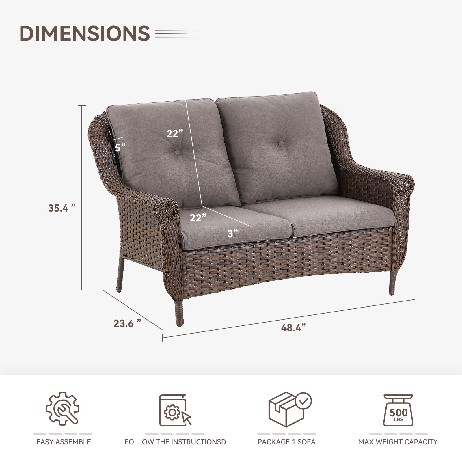 Brown Rattan Patio Loveseat with Water-Resistant Cushions - Outdoor Wicker Sofa for Garden, Balcony, Backyard & Poolside - Perfect for Relaxing, Entertaining & Sunbathing (1PC)
