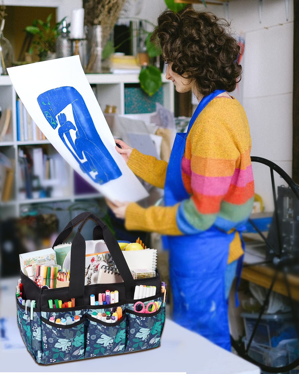 Green Floral Craft Tote Bag - Multi-Purpose Art Organizer with Handle for Painting, Sewing & DIY Supplies | Perfect for Artists, Crafters & Home Organization
