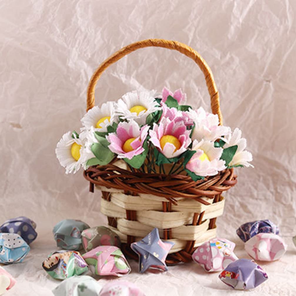 Miniature Flower Basket Doll - Tiny Bamboo Picnic Basket with Fake Plants & Candy for Micro Landscaping Decor | Perfect for Dollhouse, Fairy Garden, DIY Crafts & Tabletop Displays
