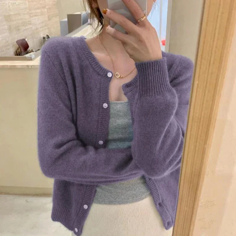 Solid Color Knitted Cardigan Round Neck Sweater for Women - Cozy Casual Pullover for Fall & Winter - Perfect for Office, Dating, and Travel